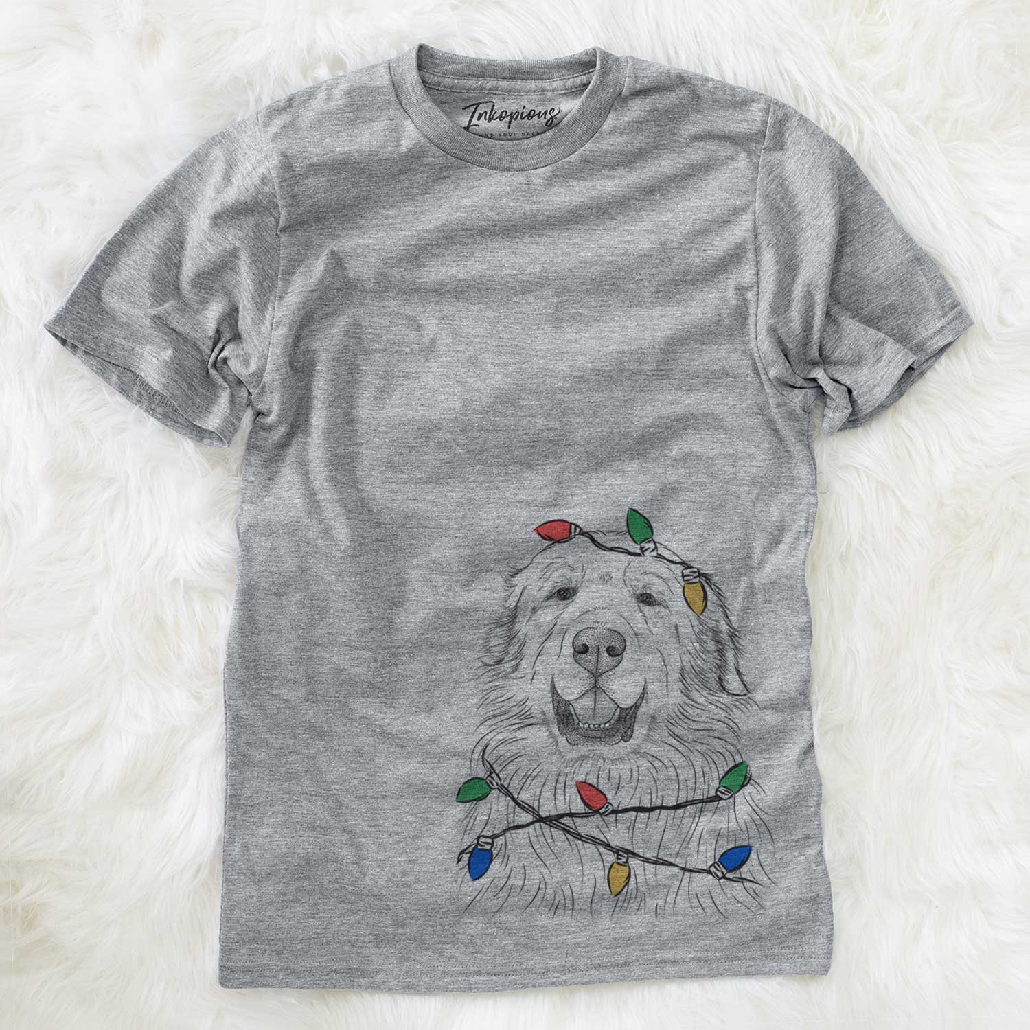 Hand-drawn sketch of Horton the Great Pyrenees wrapped in Christmas lights on a Grey Unisex crewneck