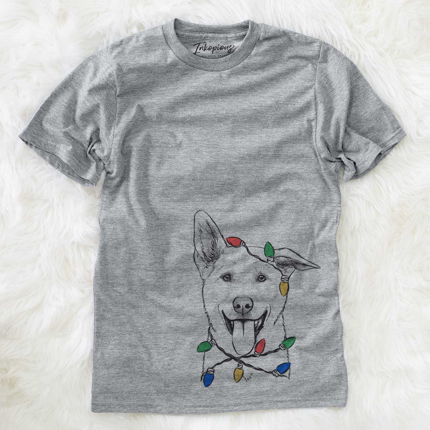 Hand-drawn sketch of Hoya the Korean Jindo wrapped in Christmas lights on a Grey Unisex crewneck