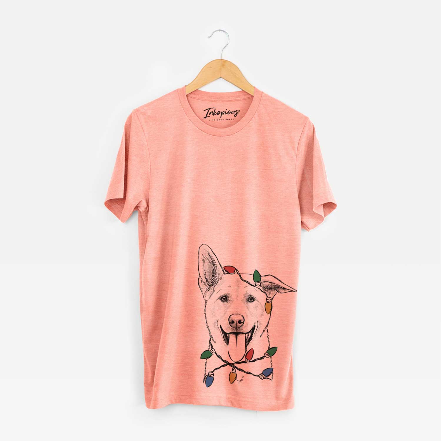 Hand-drawn sketch of Hoya the Korean Jindo wrapped in Christmas lights on a Sunset Unisex crewneck