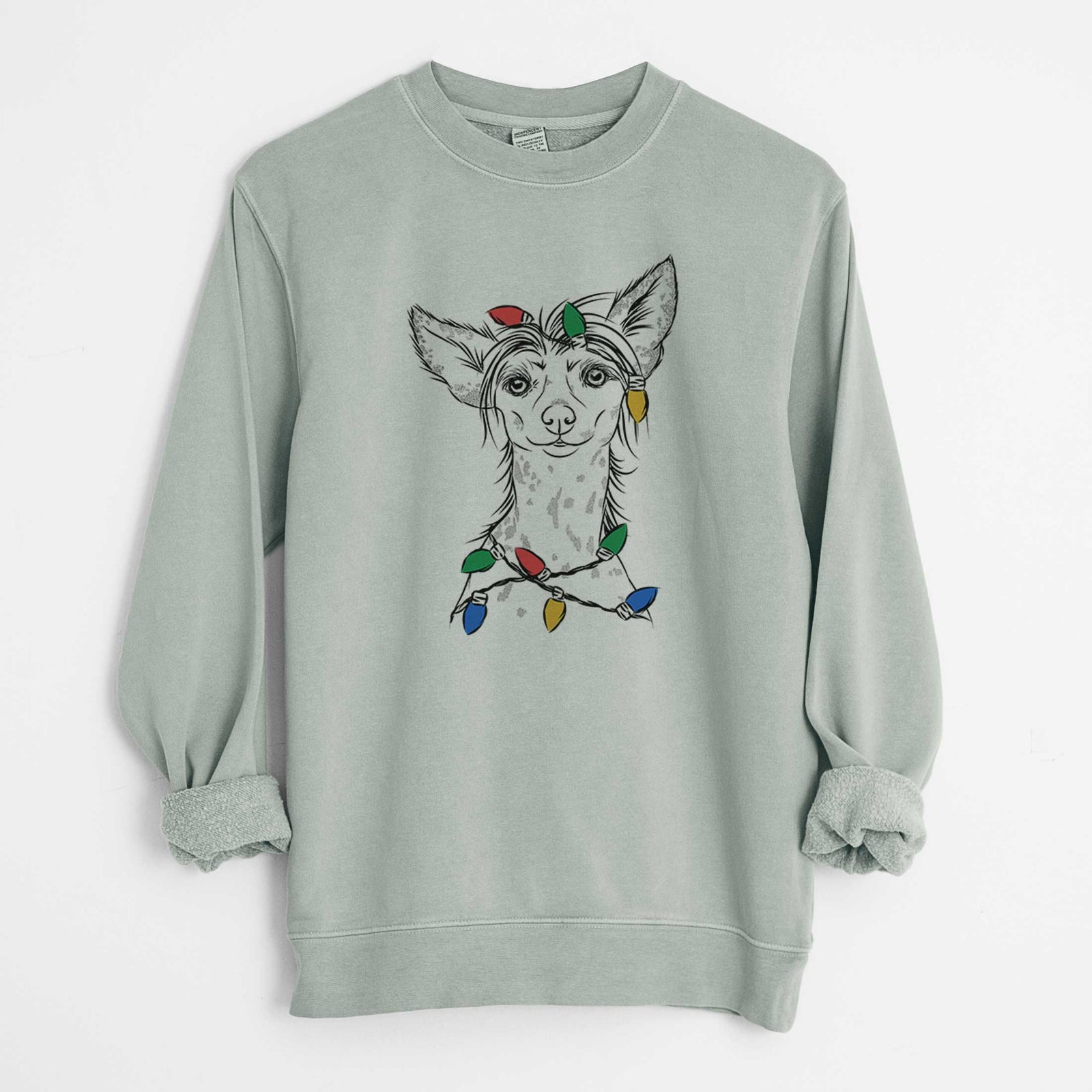 Christmas Lights Hudson the Chinese Crested - Unisex Pigment Dyed Crew Sweatshirt