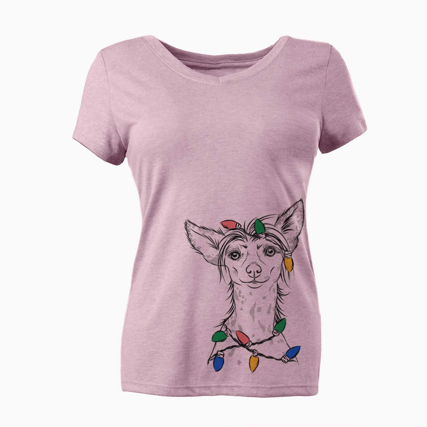 Christmas Lights Hudson the Chinese Crested - Women's V-neck Shirt