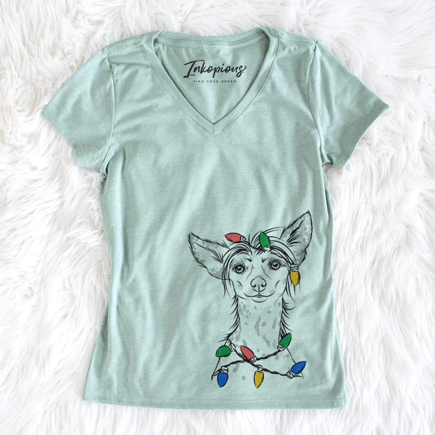 Christmas Lights Hudson the Chinese Crested - Women's V-neck Shirt
