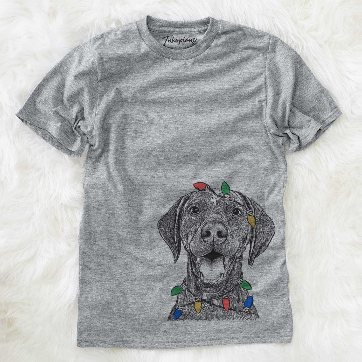 Hand-drawn sketch of Hudson the German Shorthaired Pointer wrapped in Christmas lights on a Grey Unisex crewneck