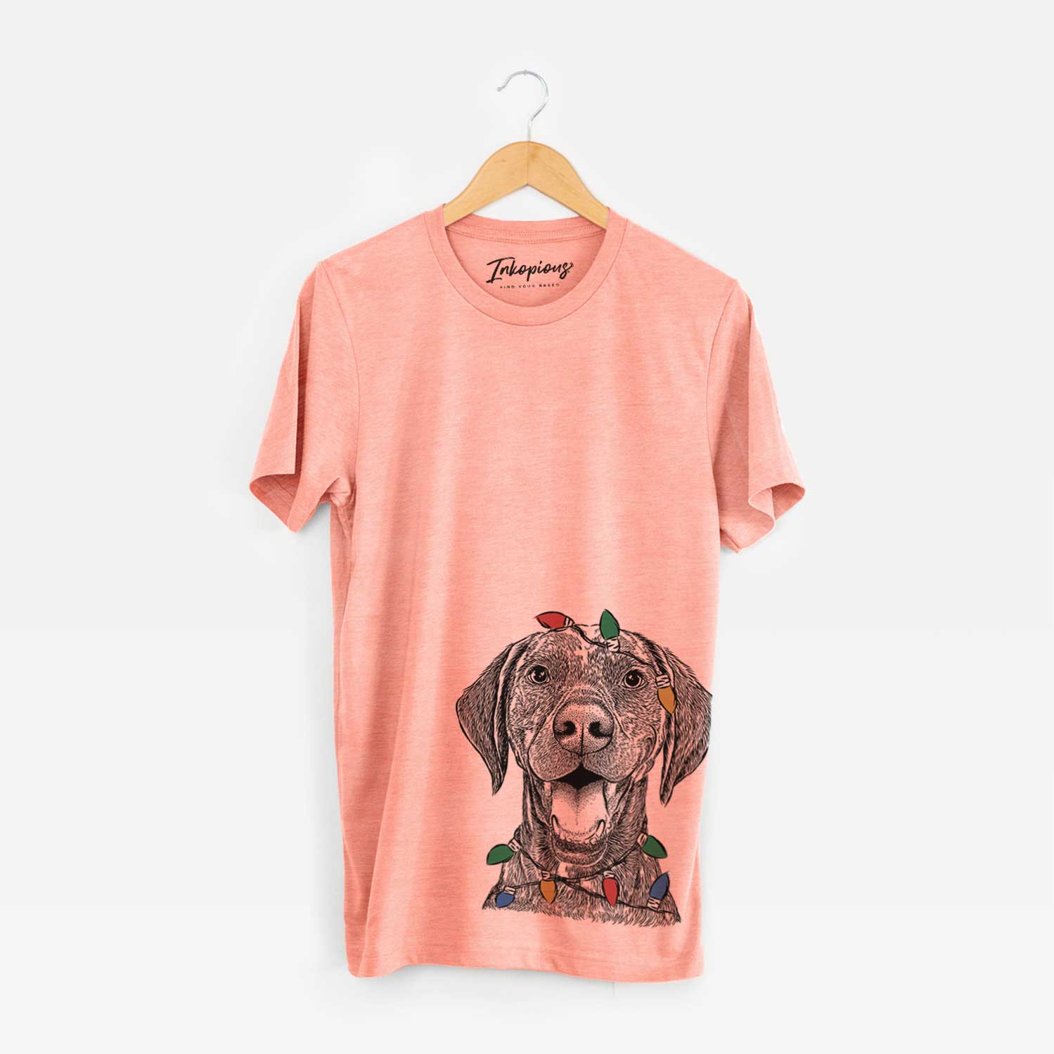 Hand-drawn sketch of Hudson the German Shorthaired Pointer wrapped in Christmas lights on a Sunset Unisex crewneck