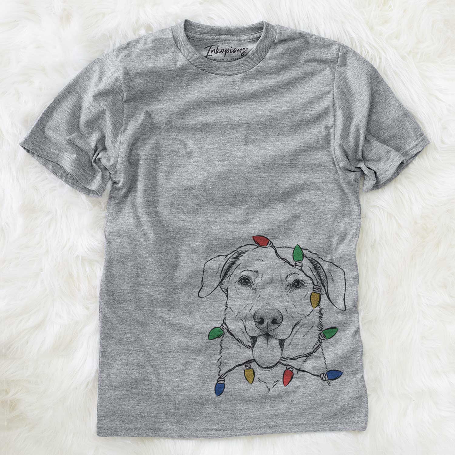 Hand-drawn sketch of Hudson the Shepherd wrapped in Christmas lights on a Grey Unisex crewneck