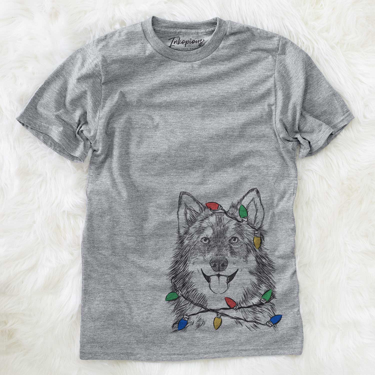 Hand-drawn sketch of Iben the Utonagan wrapped in Christmas lights on a Grey Unisex crewneck
