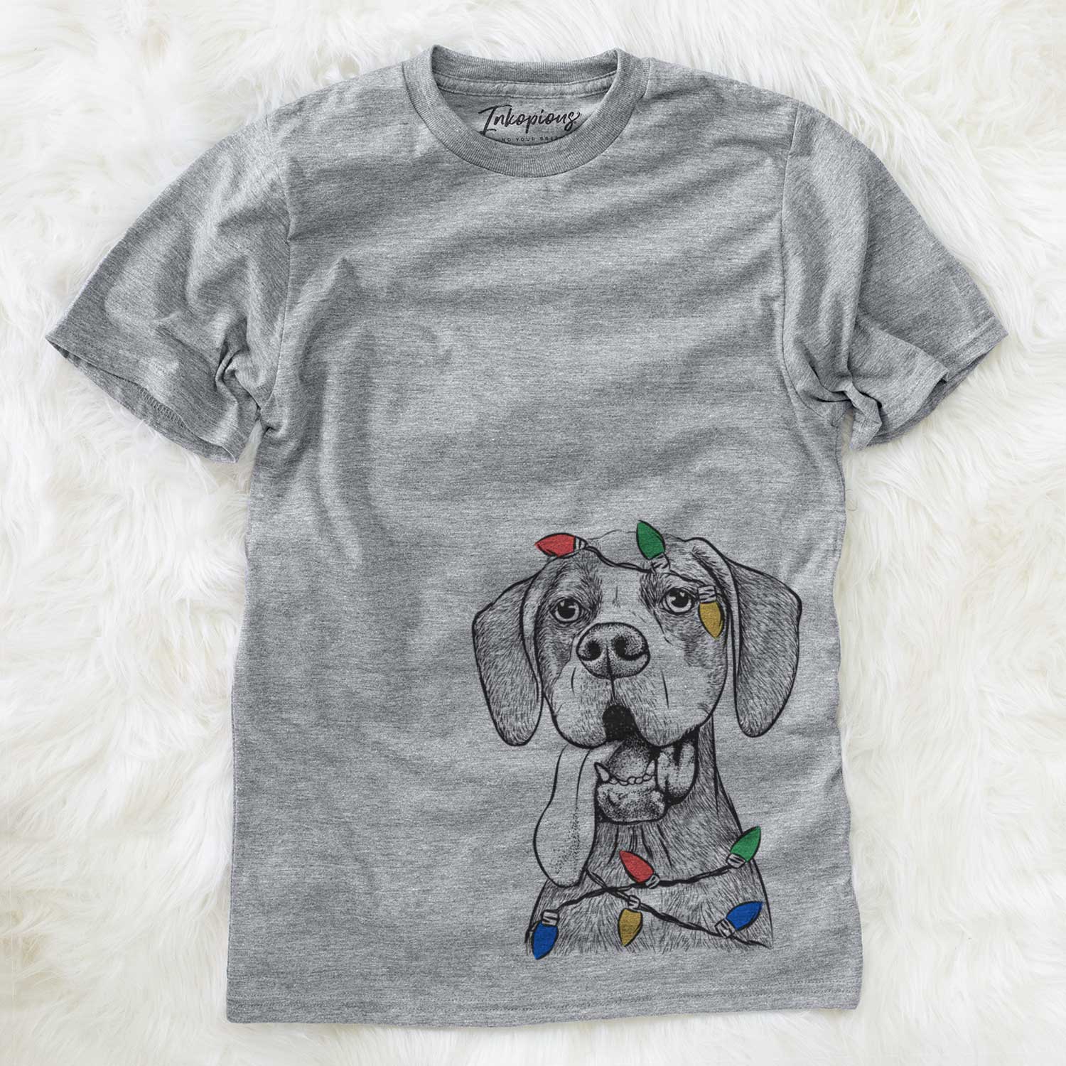 Hand-drawn sketch of Irwin the English Pointer wrapped in Christmas lights on a Grey Unisex crewneck