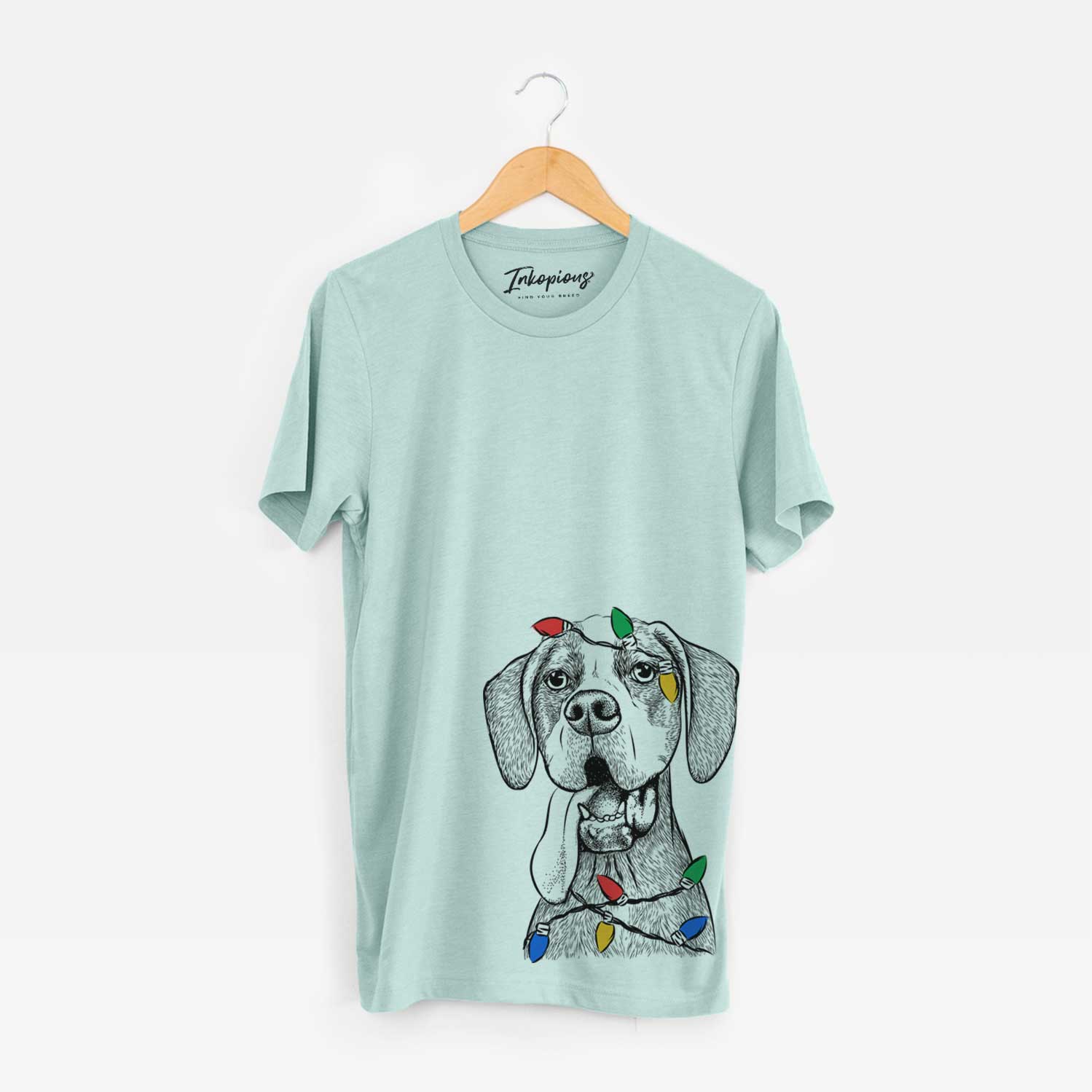 Hand-drawn sketch of Irwin the English Pointer wrapped in Christmas lights on a Heather Sage Unisex crewneck