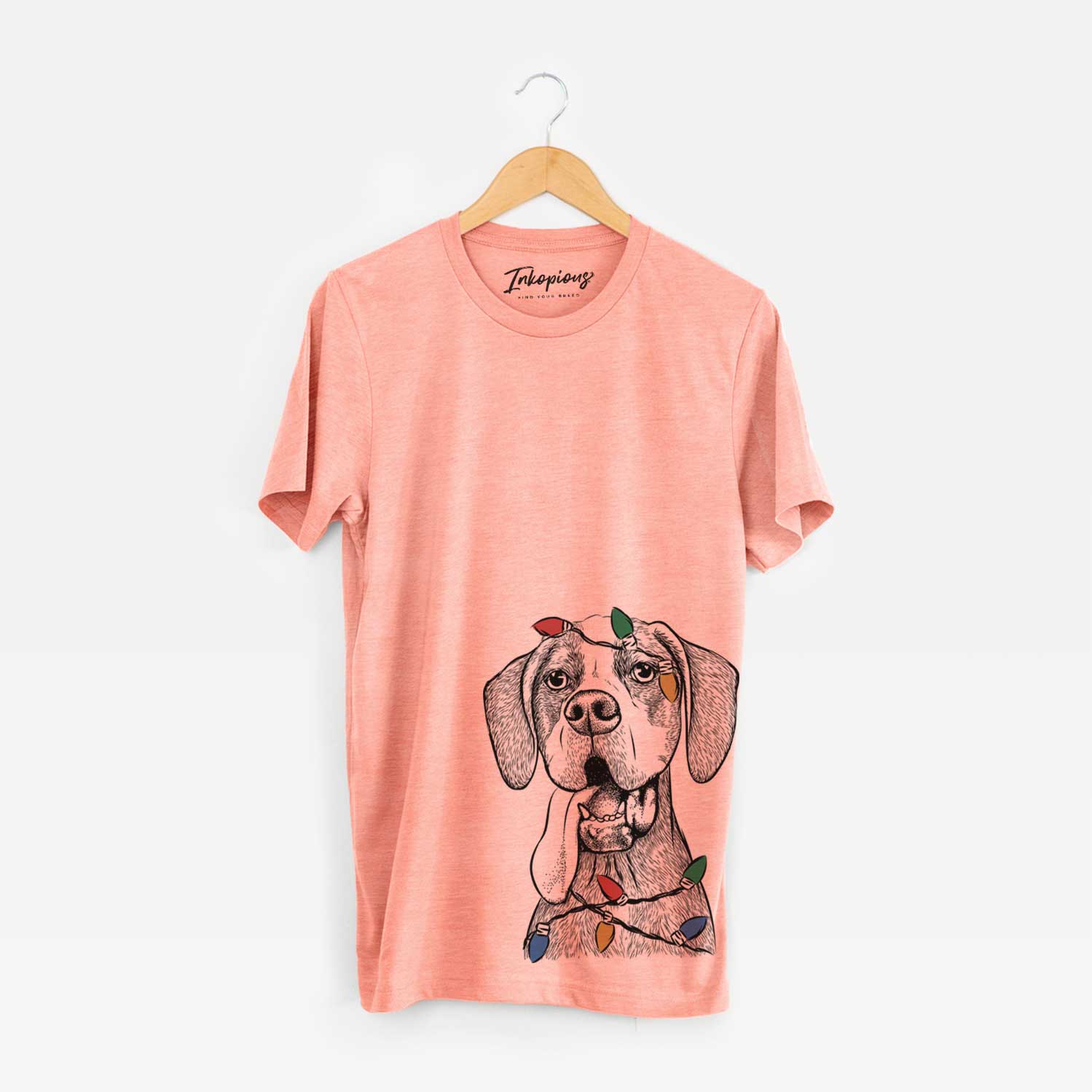 Hand-drawn sketch of Irwin the English Pointer wrapped in Christmas lights on a Sunset Unisex crewneck