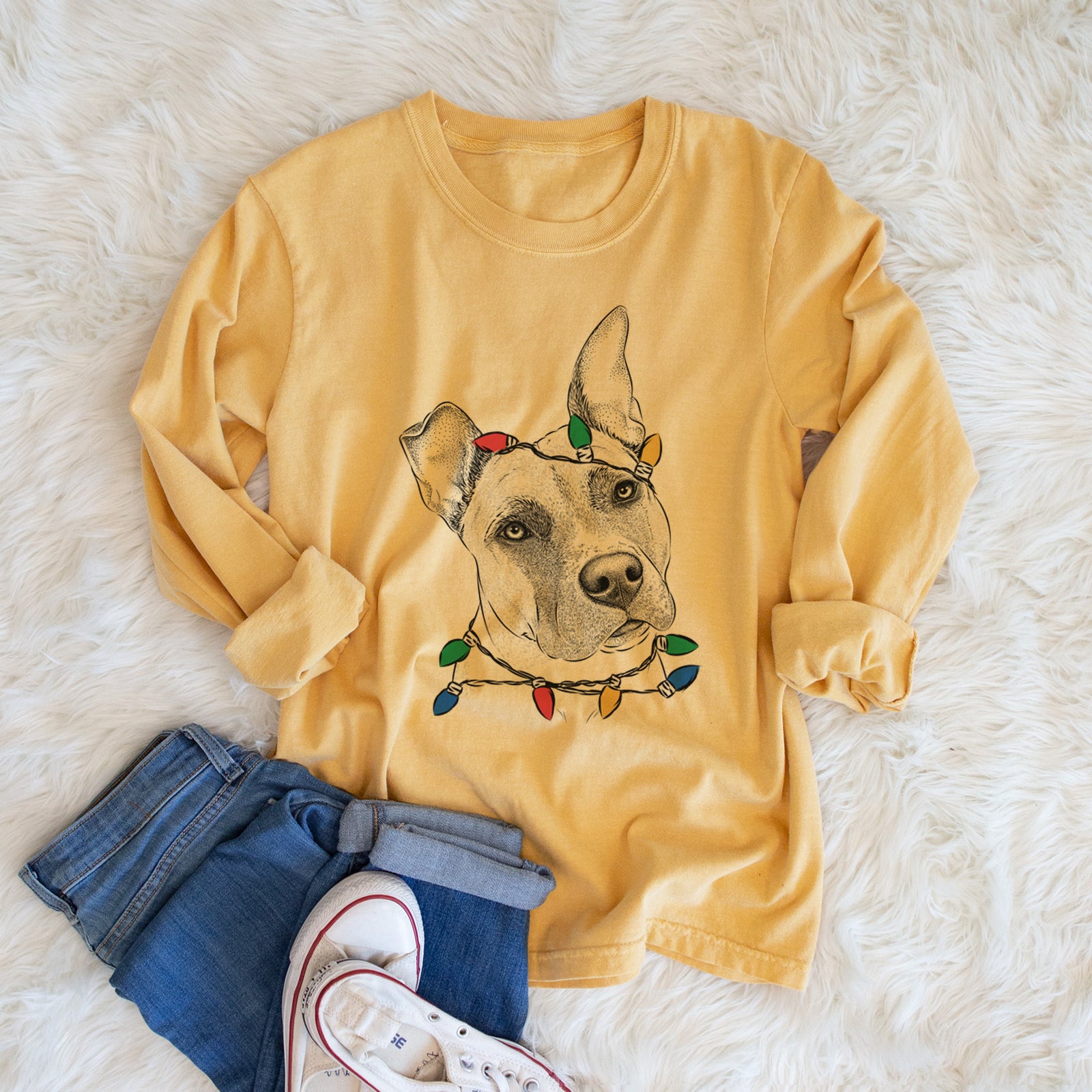 Christmas Lights Ivy the Pitbull Mix - Heavyweight 100% Cotton Long Sleeve