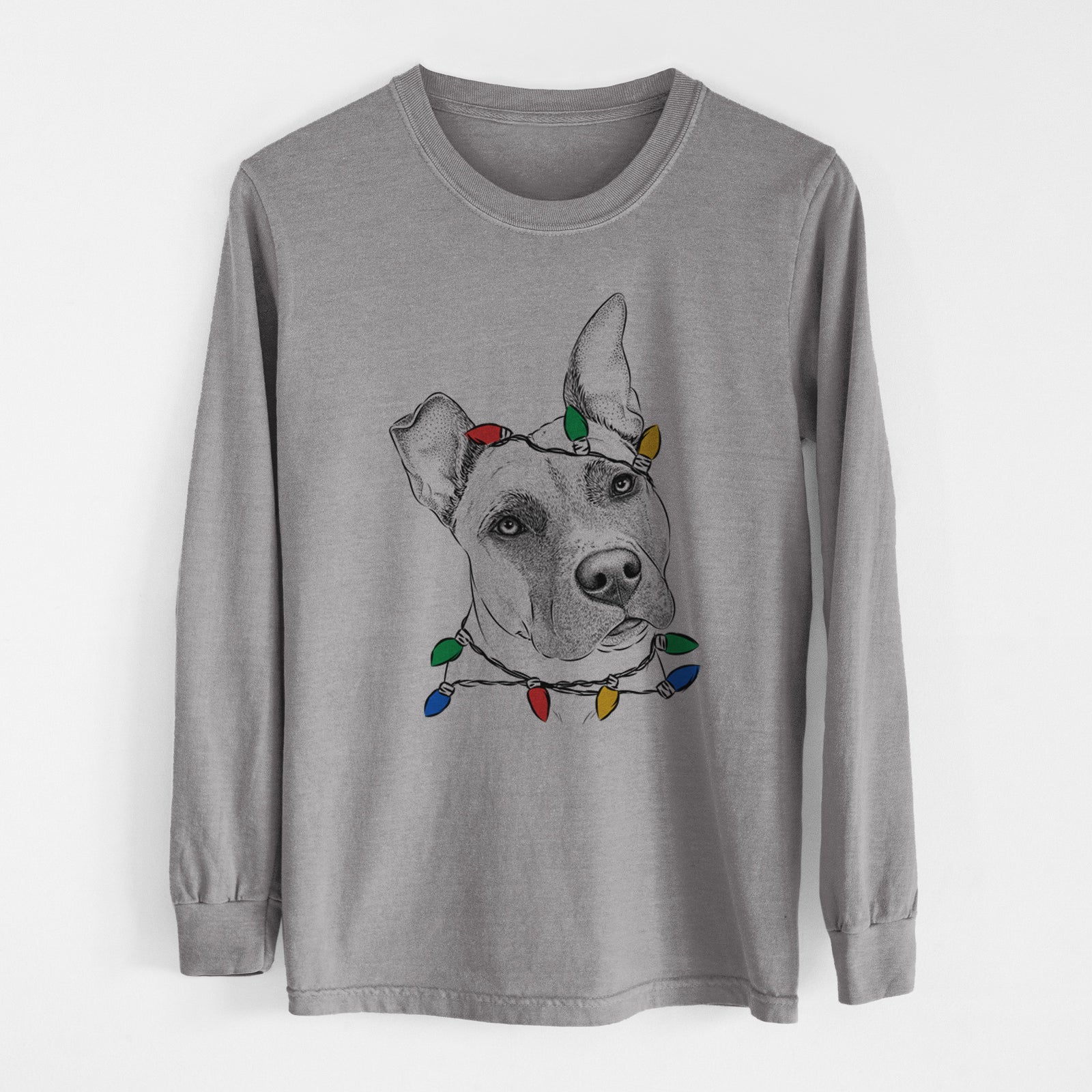 Christmas Lights Ivy the Pitbull Mix - Heavyweight 100% Cotton Long Sleeve