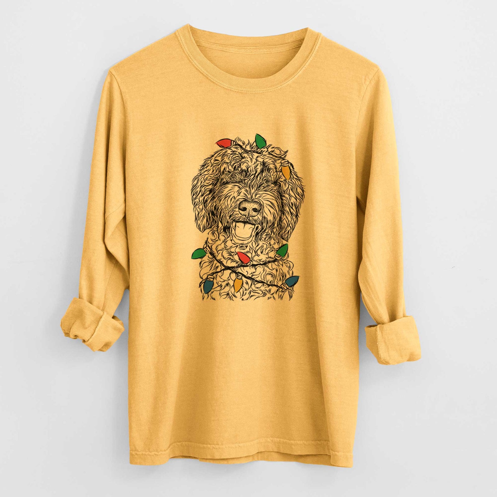 Christmas Lights Jack the Chocolate Labradoodle - Heavyweight 100% Cotton Long Sleeve