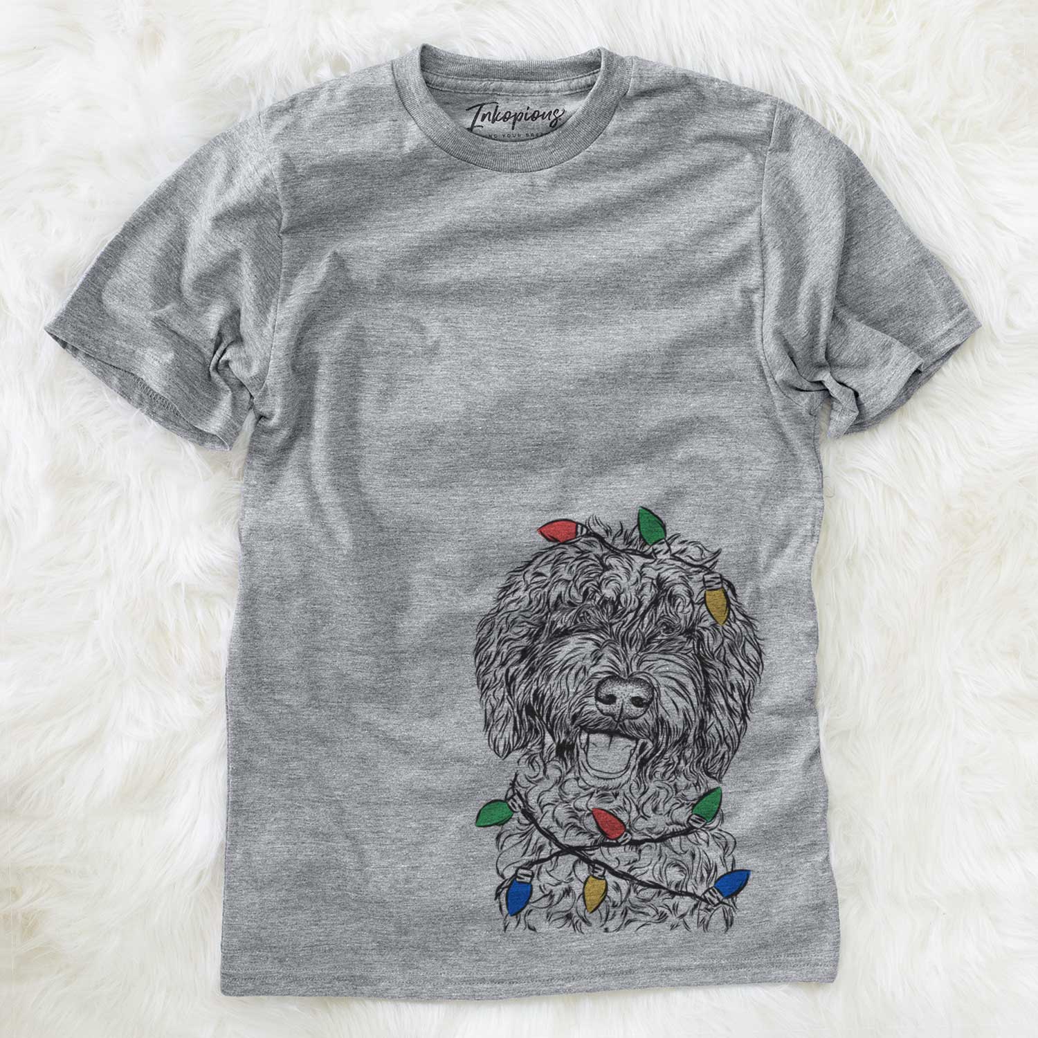 Hand-drawn sketch of Jack the Chocolate Labradoodle wrapped in Christmas lights on a Grey Unisex crewneck