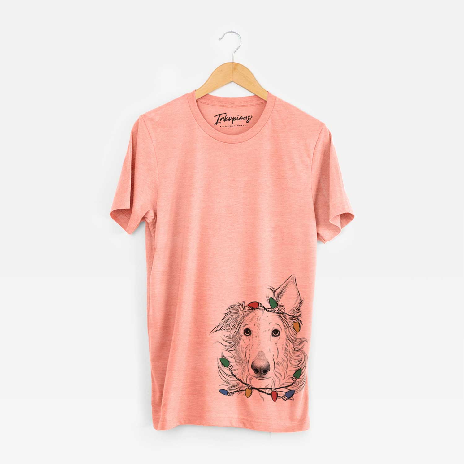 Hand-drawn sketch of Jasha the Borzoi wrapped in Christmas lights on a Sunset Unisex crewneck