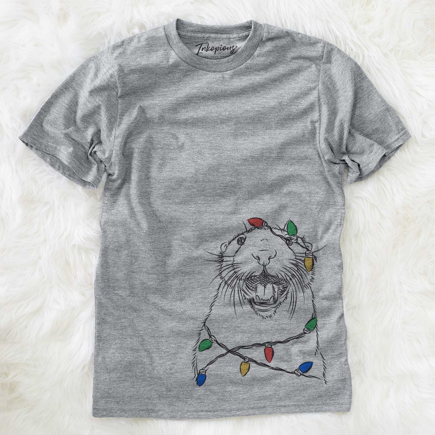 Hand-drawn sketch of Jasper the River Otter wrapped in Christmas lights on a Grey Unisex crewneck