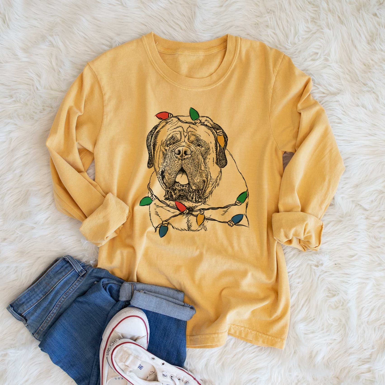 Christmas Lights Jed the English Mastiff - Heavyweight 100% Cotton Long Sleeve