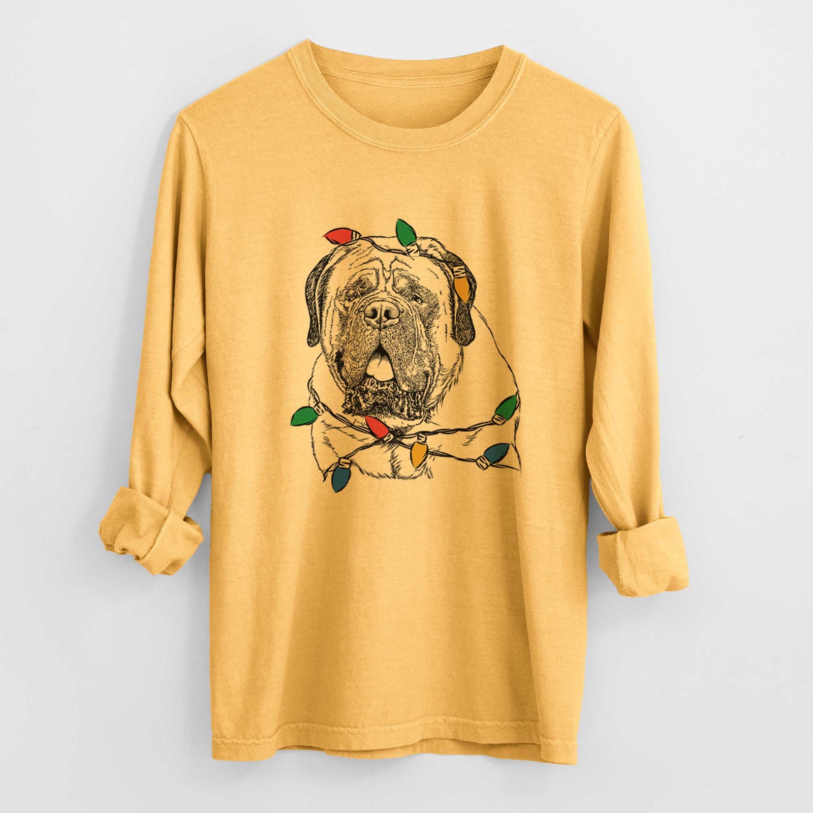 Christmas Lights Jed the English Mastiff - Heavyweight 100% Cotton Long Sleeve