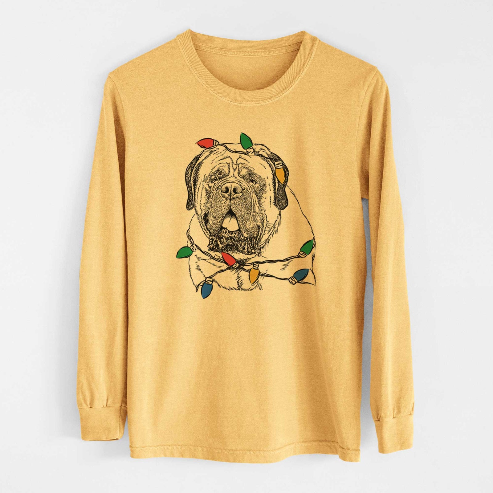 Christmas Lights Jed the English Mastiff - Heavyweight 100% Cotton Long Sleeve