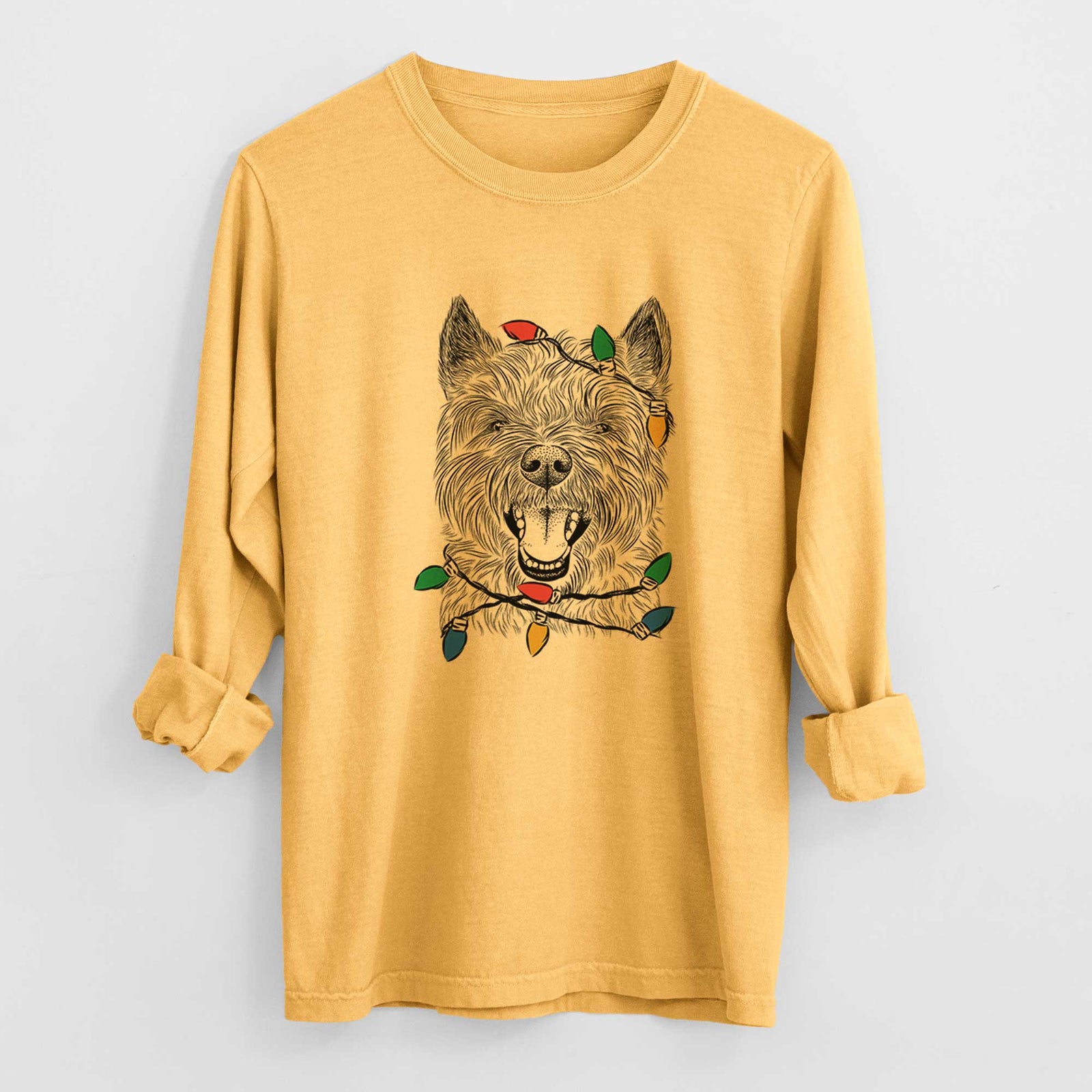 Christmas Lights Jeff the Cairn Terrier - Heavyweight 100% Cotton Long Sleeve
