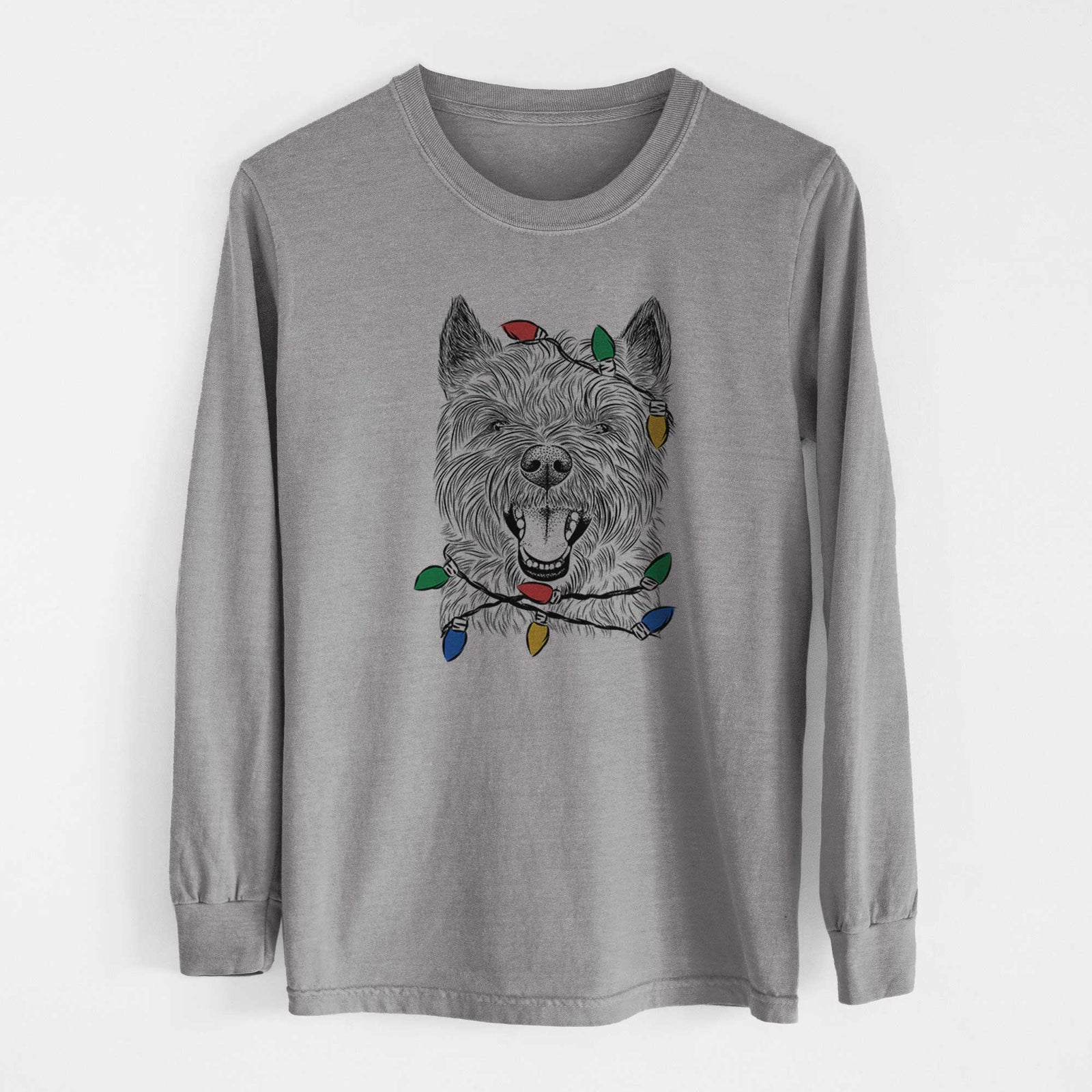 Christmas Lights Jeff the Cairn Terrier - Heavyweight 100% Cotton Long Sleeve