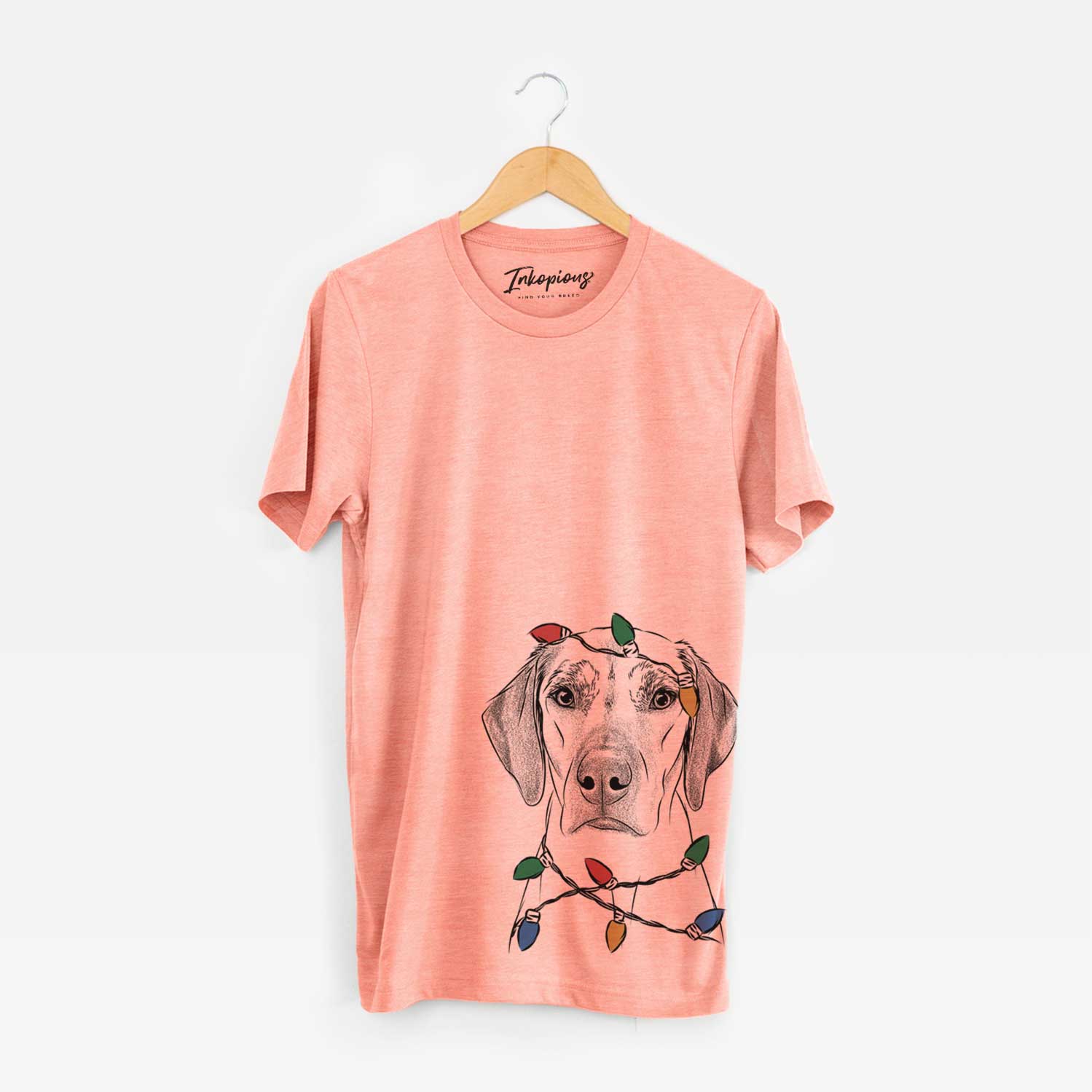 Hand-drawn sketch of Jenga the Rhodesian Ridgeback wrapped in Christmas lights on a Sunset Unisex crewneck