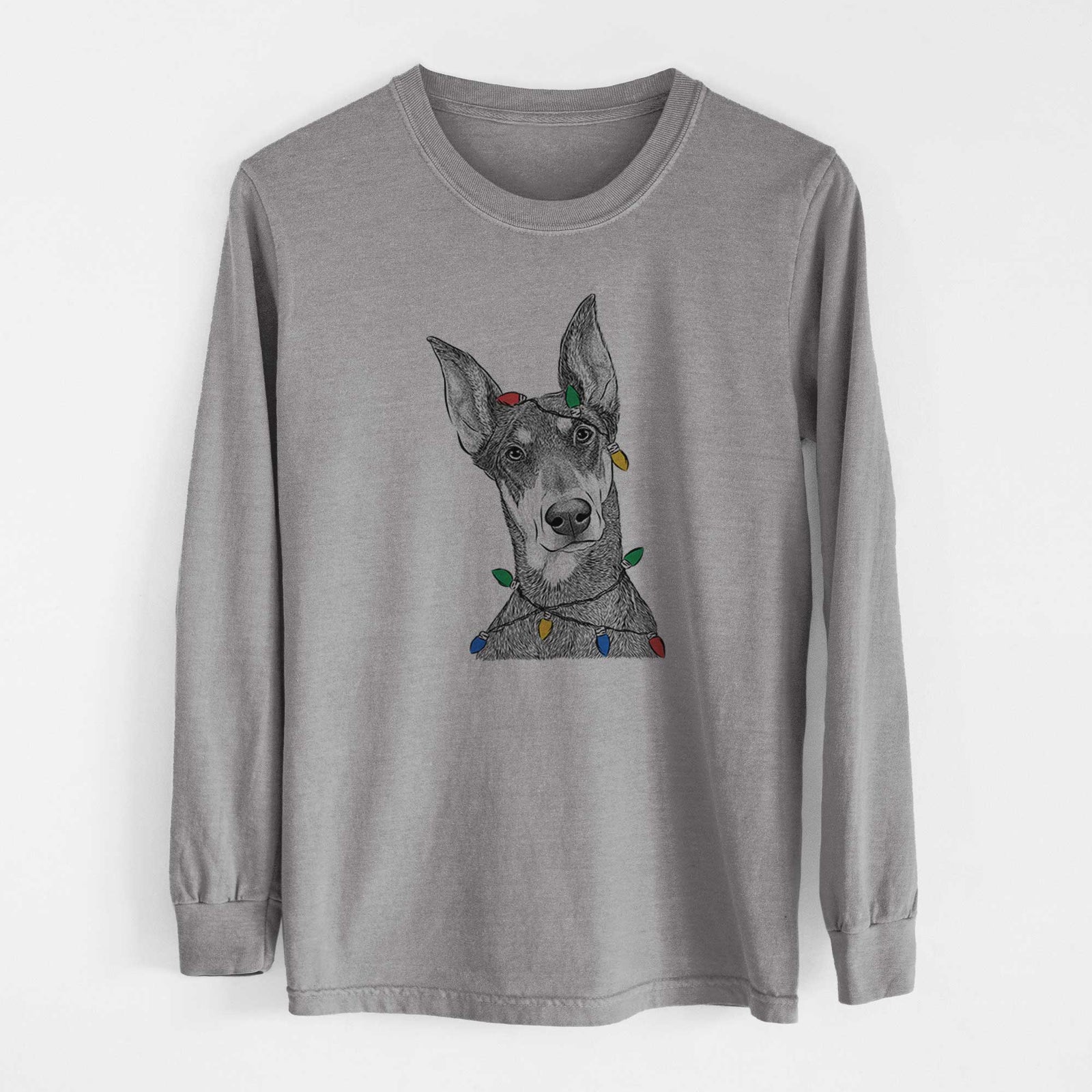 Christmas Lights Jenna the Doberman Pinscher - Heavyweight 100% Cotton Long Sleeve