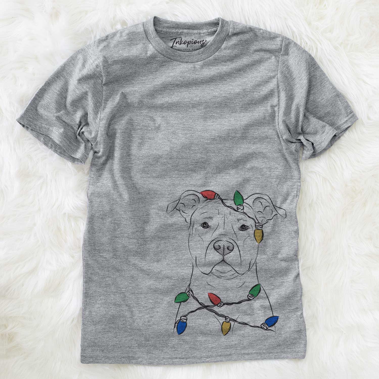 Hand-drawn sketch of Jethro the American Staffordshire Terrier wrapped in Christmas lights on a Grey Unisex crewneck