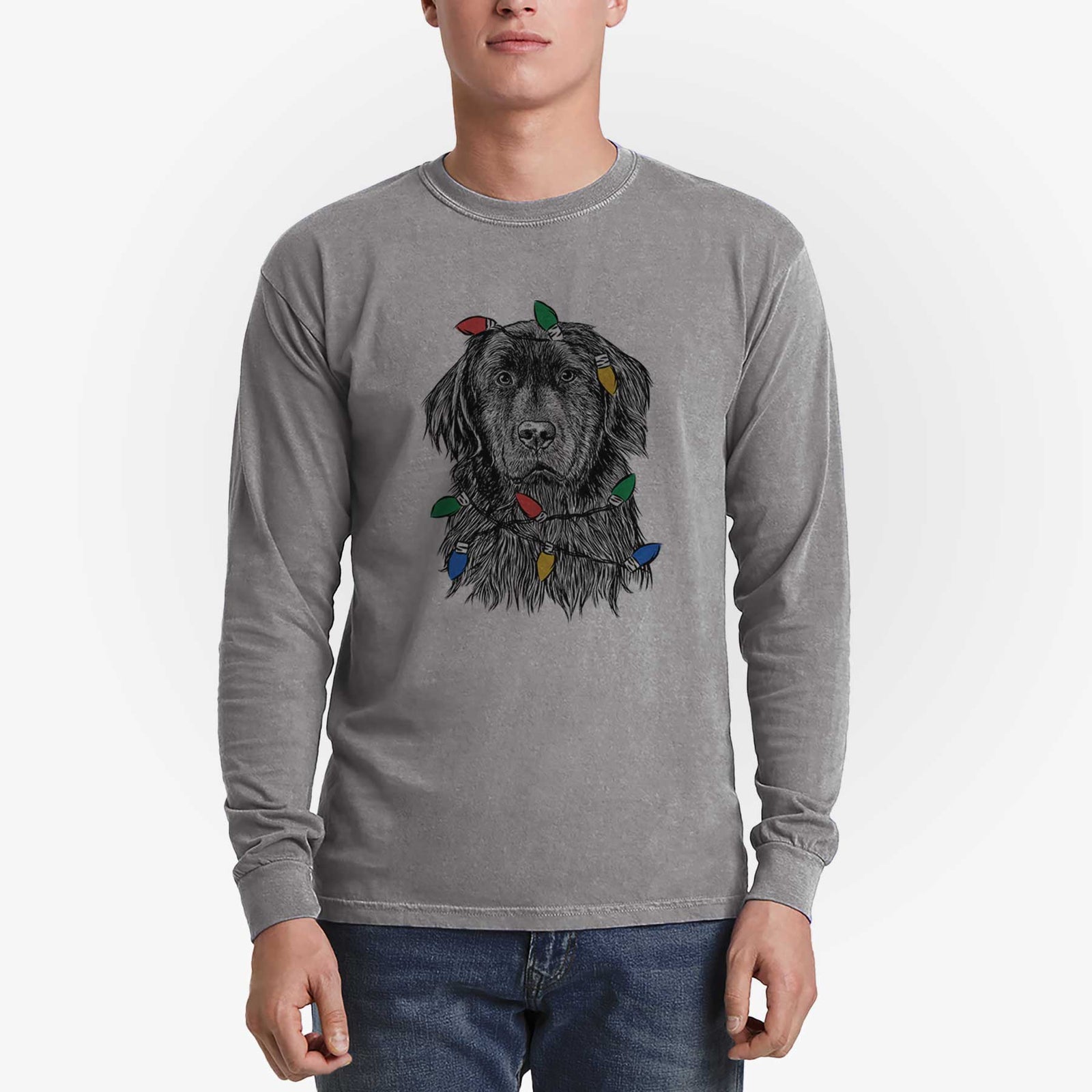 Christmas Lights Jinx the Newfoundland - Heavyweight 100% Cotton Long Sleeve