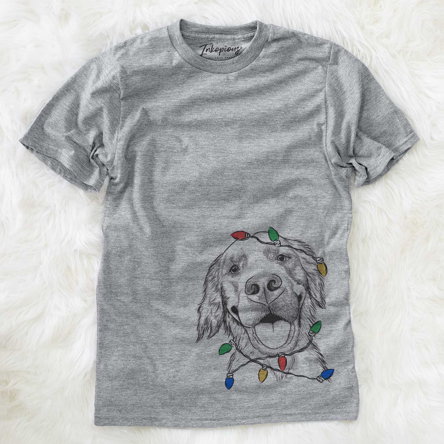 Hand-drawn sketch of Jordy the Golden Retriever wrapped in Christmas lights on a Grey Unisex crewneck