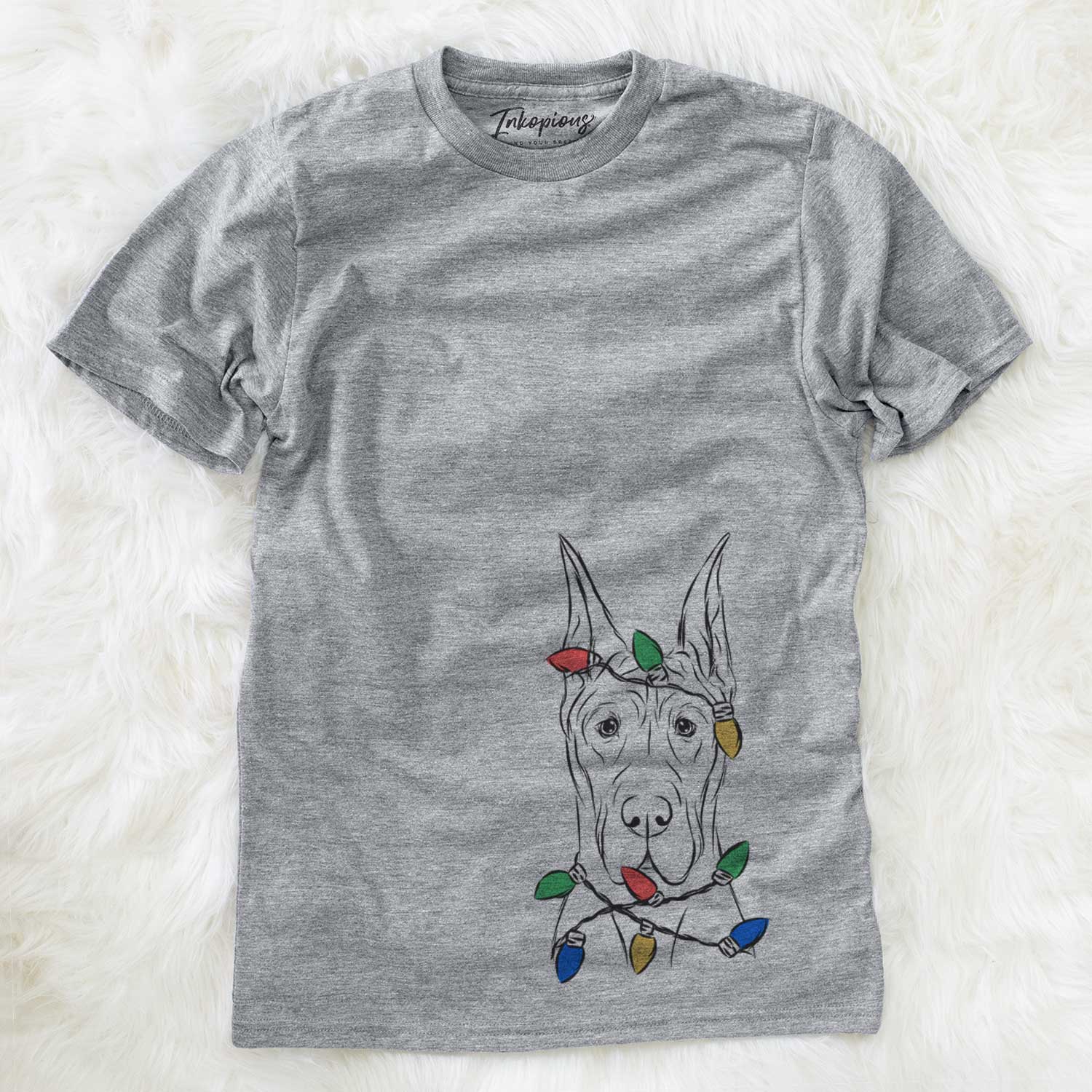 Hand-drawn sketch of Jude the Great Dane wrapped in Christmas lights on a Grey Unisex crewneck