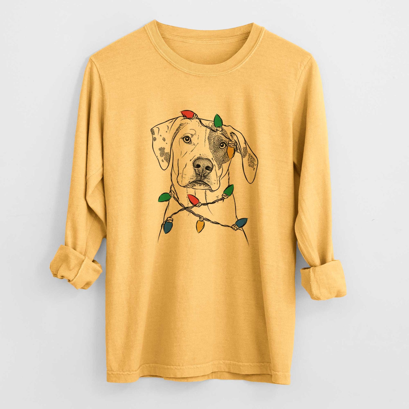 Christmas Lights Julio the Dogo Argentino Mix - Heavyweight 100% Cotton Long Sleeve