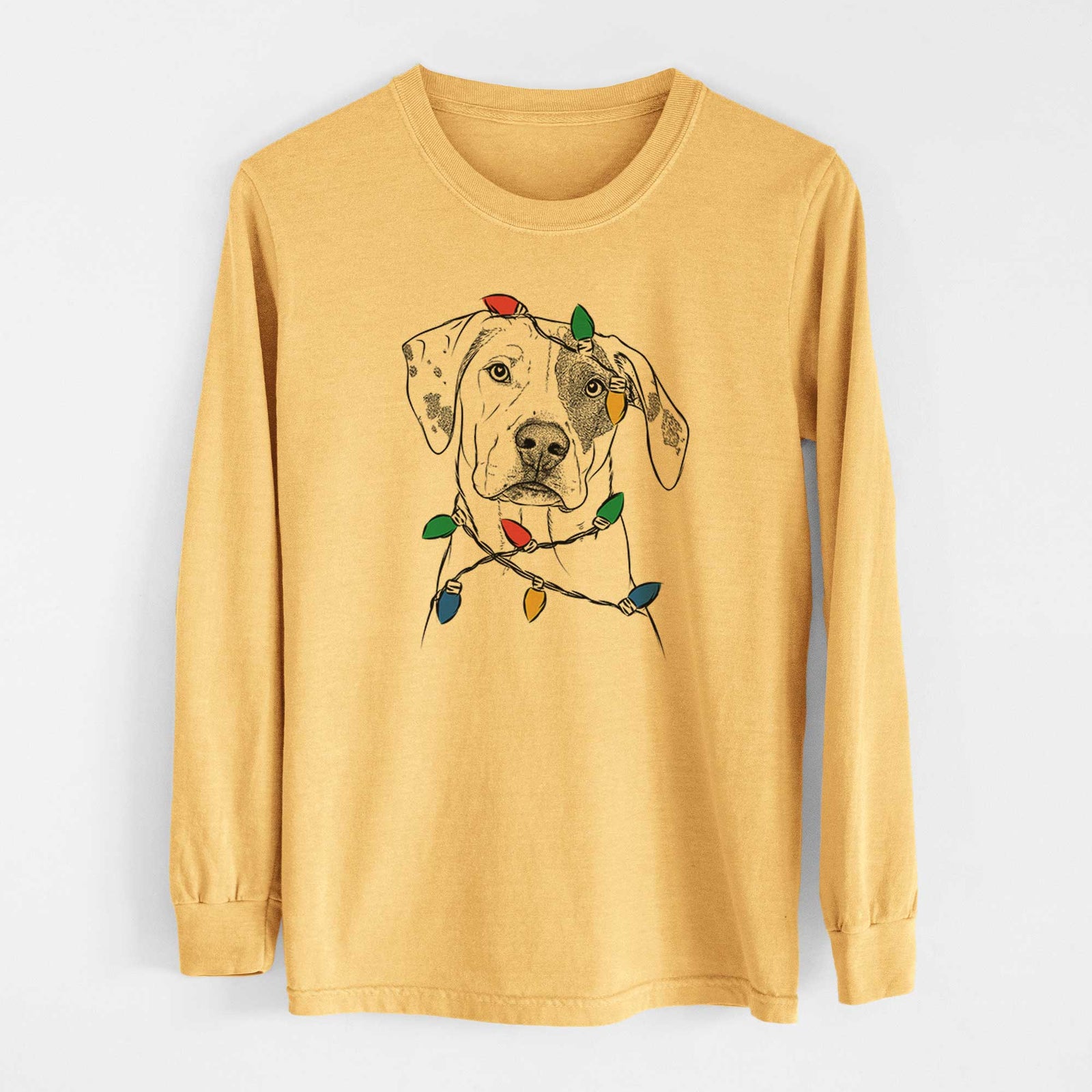 Christmas Lights Julio the Dogo Argentino Mix - Heavyweight 100% Cotton Long Sleeve
