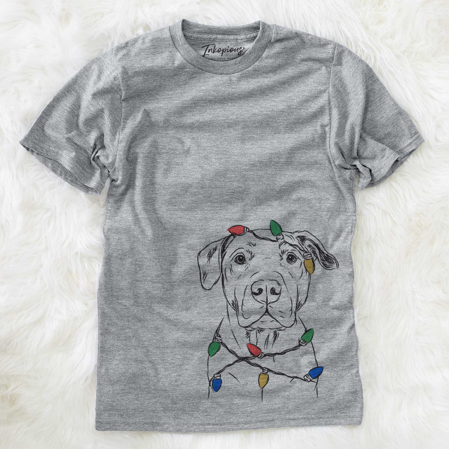 Hand-drawn sketch of Kadin the Pitbull wrapped in Christmas lights on a Grey Unisex crewneck