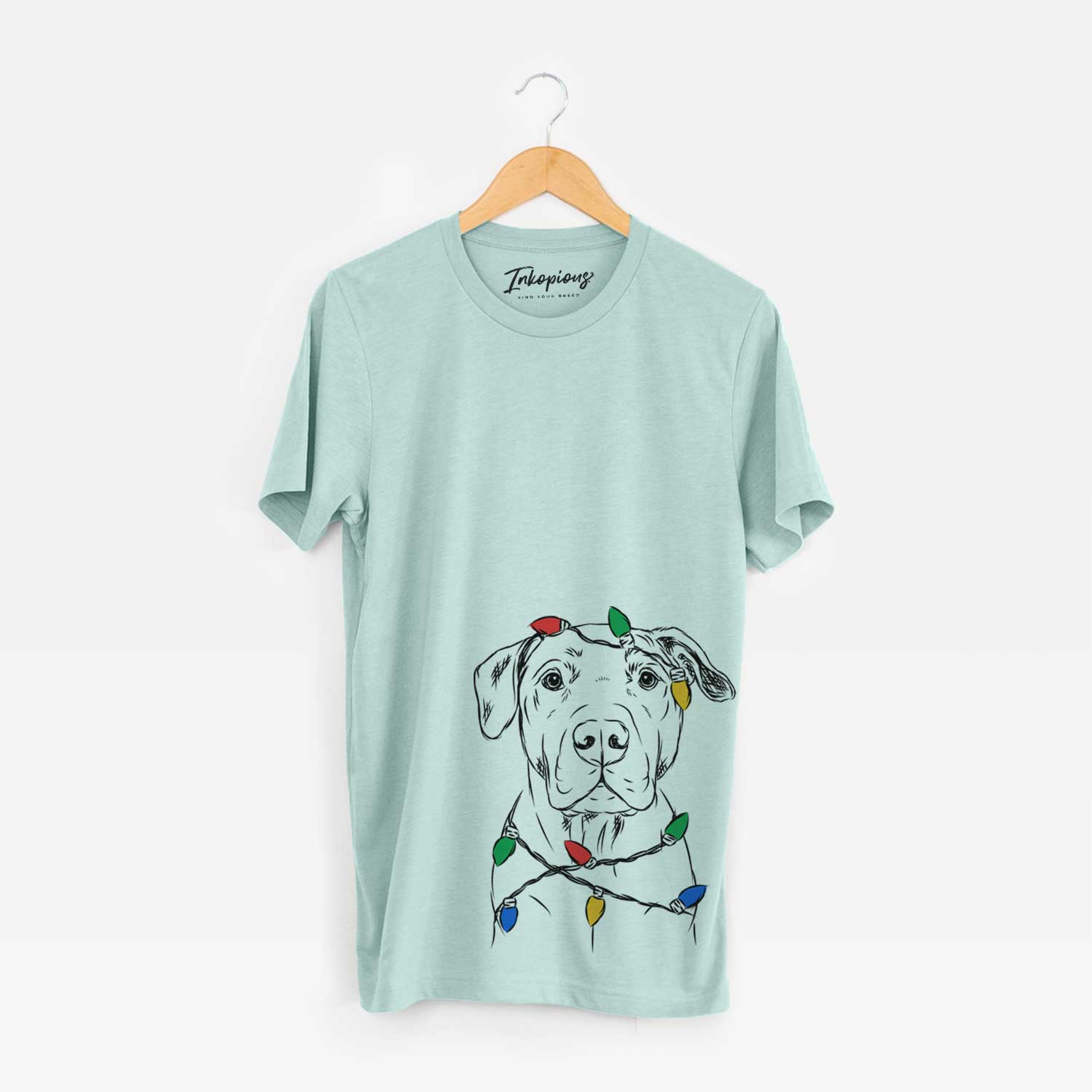 Hand-drawn sketch of Kadin the Pitbull wrapped in Christmas lights on a Heather Sage Unisex crewneck