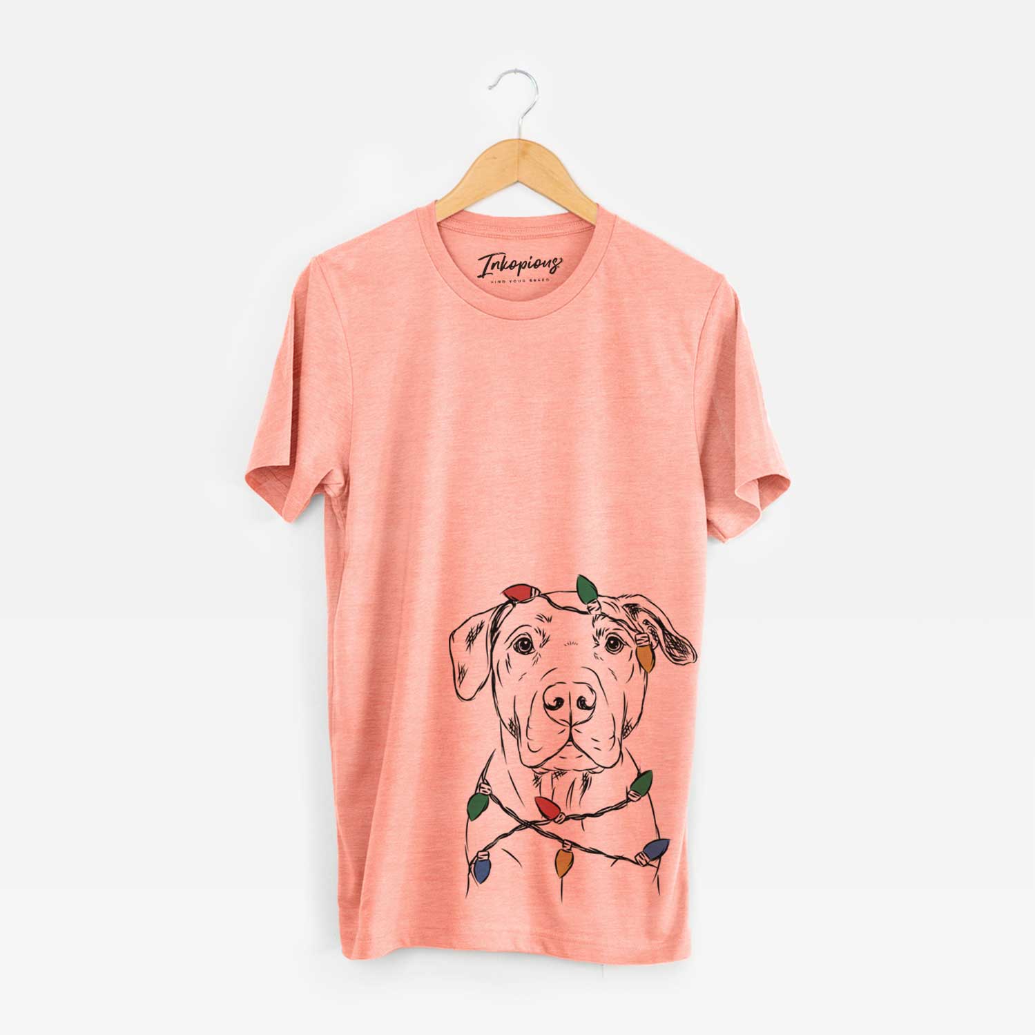 Hand-drawn sketch of Kadin the Pitbull wrapped in Christmas lights on a Sunset Unisex crewneck