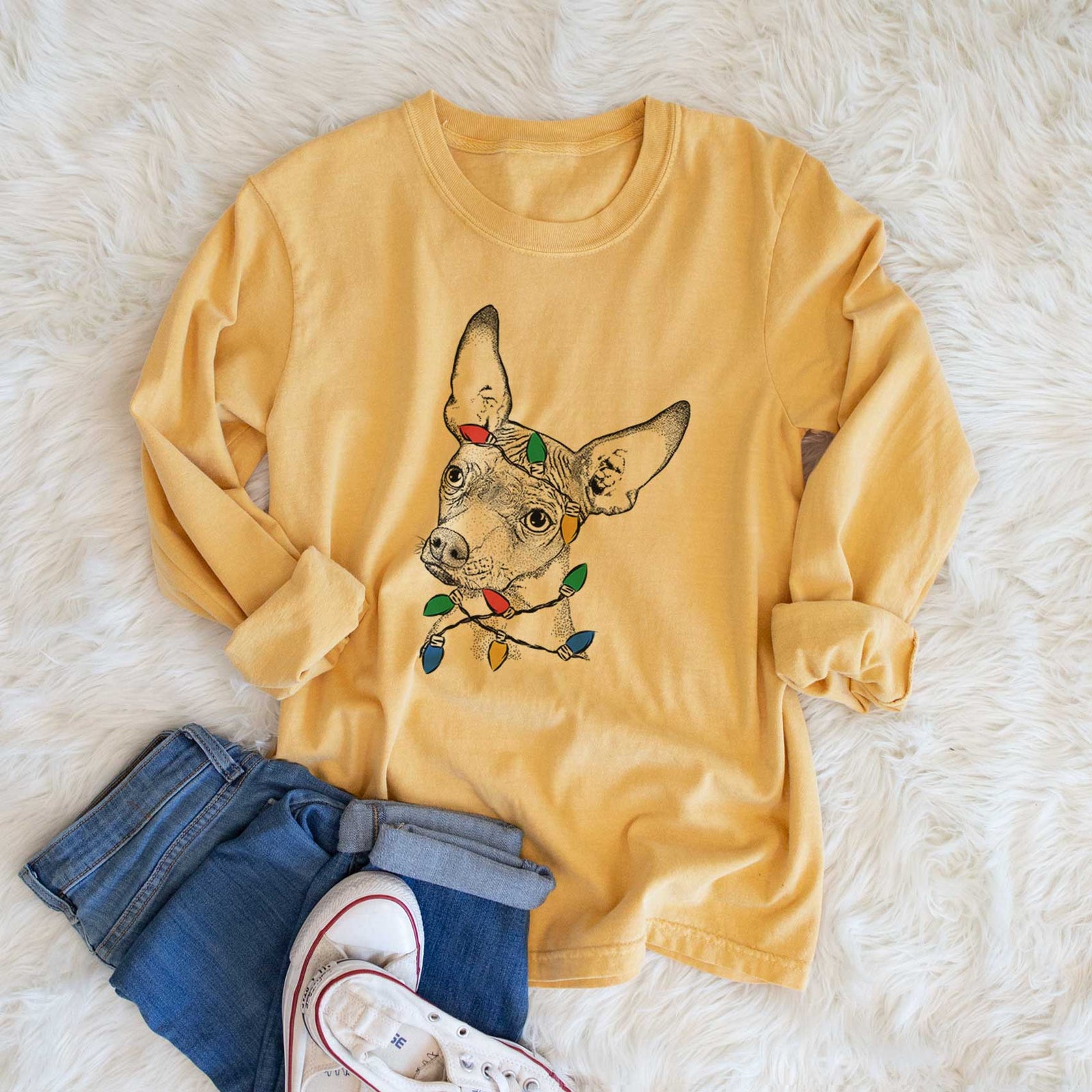 Christmas Lights Kahlo the Xoloitzcuintli - Heavyweight 100% Cotton Long Sleeve