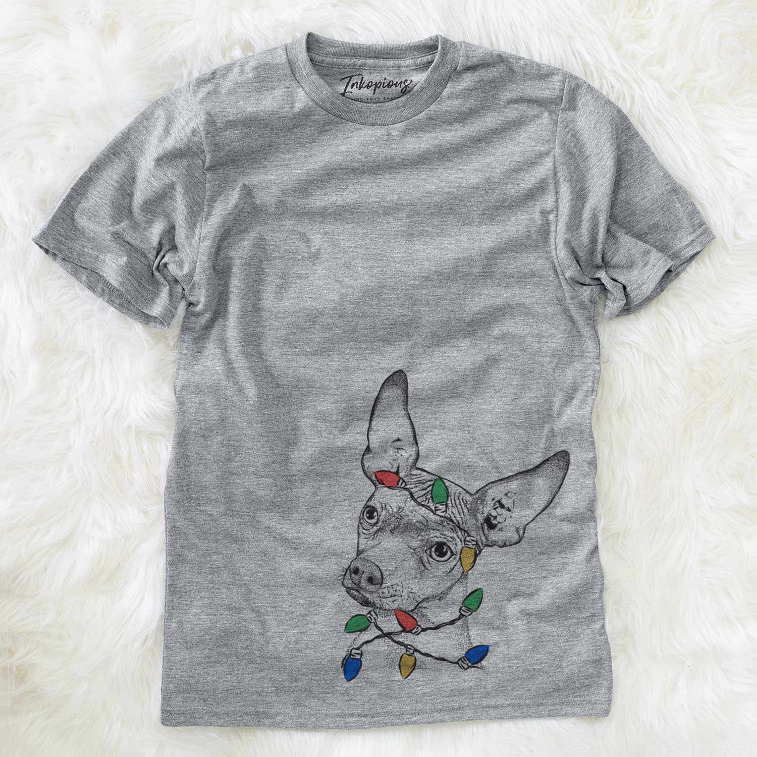 Hand-drawn sketch of Kahlo the Xoloitzcuintli wrapped in Christmas lights on a Grey Unisex crewneck