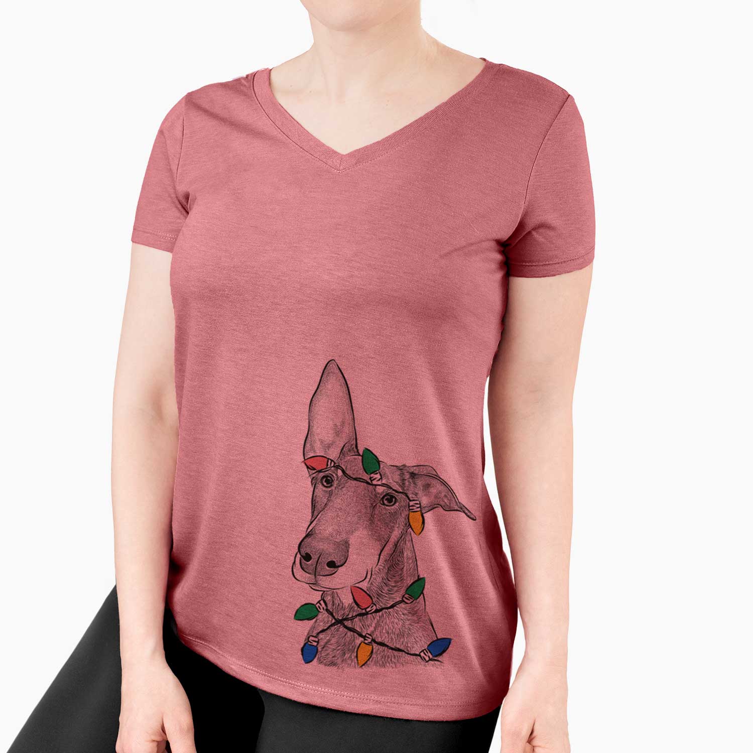 Christmas Lights Kain the Doberman Pinscher - Women's V-neck Shirt