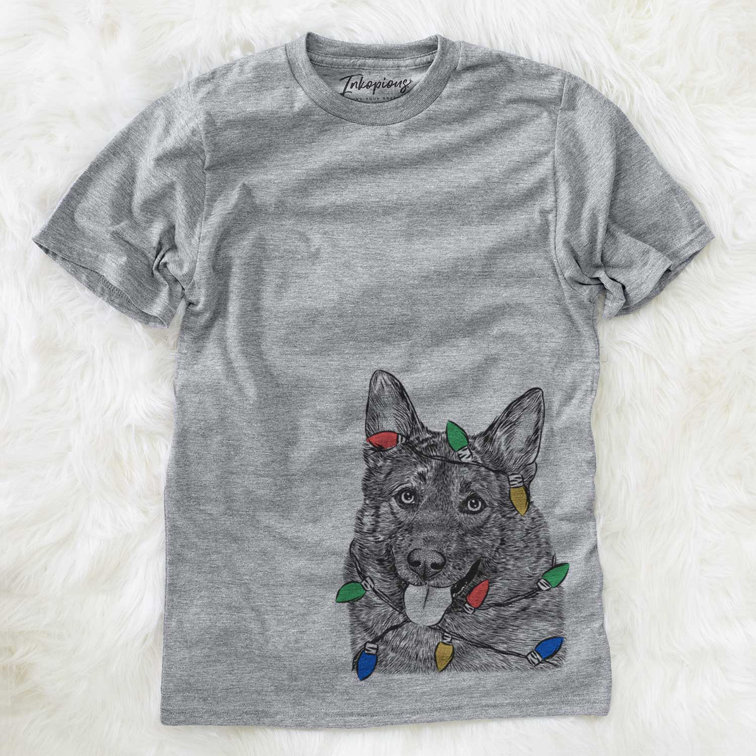 Hand-drawn sketch of Kasia the Norwegian Elkhound wrapped in Christmas lights on a Grey Unisex crewneck