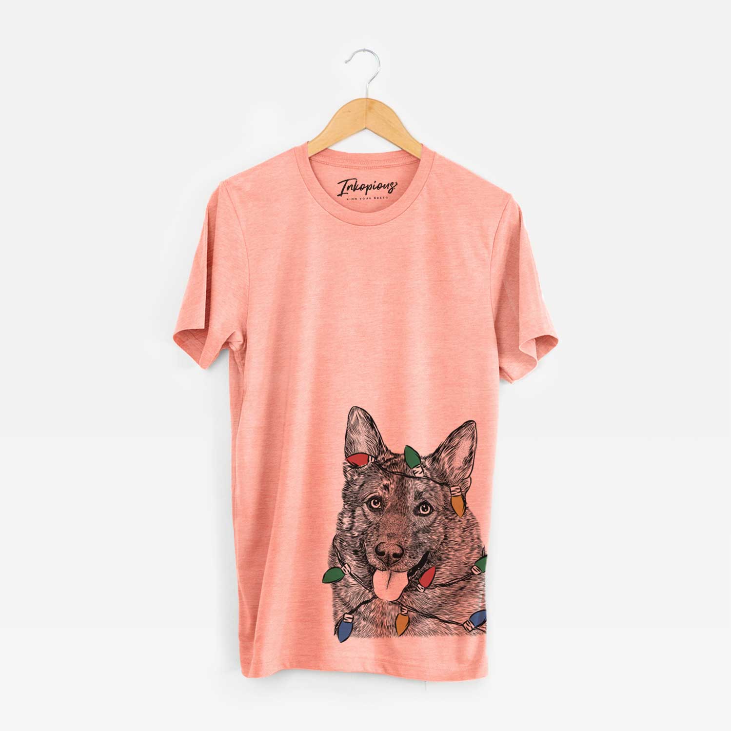 Hand-drawn sketch of Kasia the Norwegian Elkhound wrapped in Christmas lights on a Sunset Unisex crewneck
