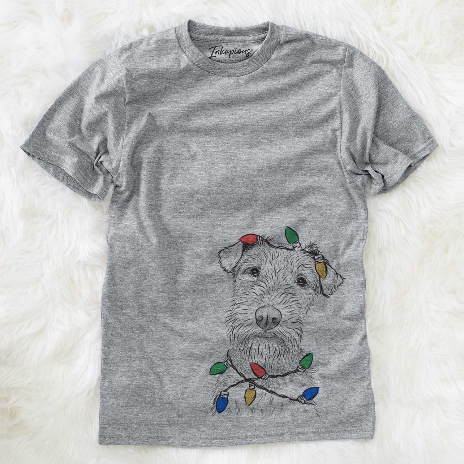 Hand-drawn sketch of Kiara the Welsh Terrier wrapped in Christmas lights on a Grey Unisex crewneck