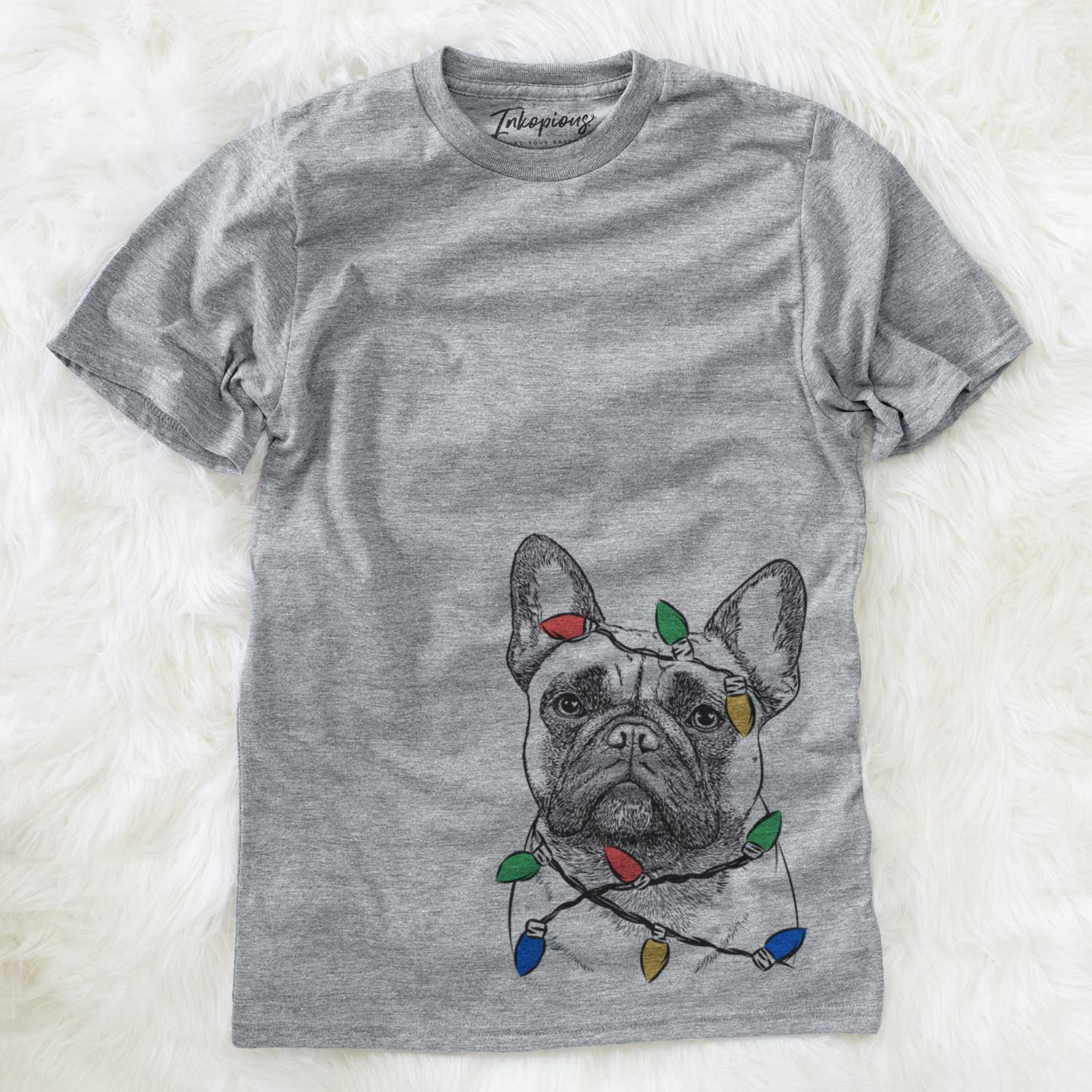 Hand-drawn sketch of Kingsleigh the French Bulldog wrapped in Christmas lights on a Grey Unisex crewneck
