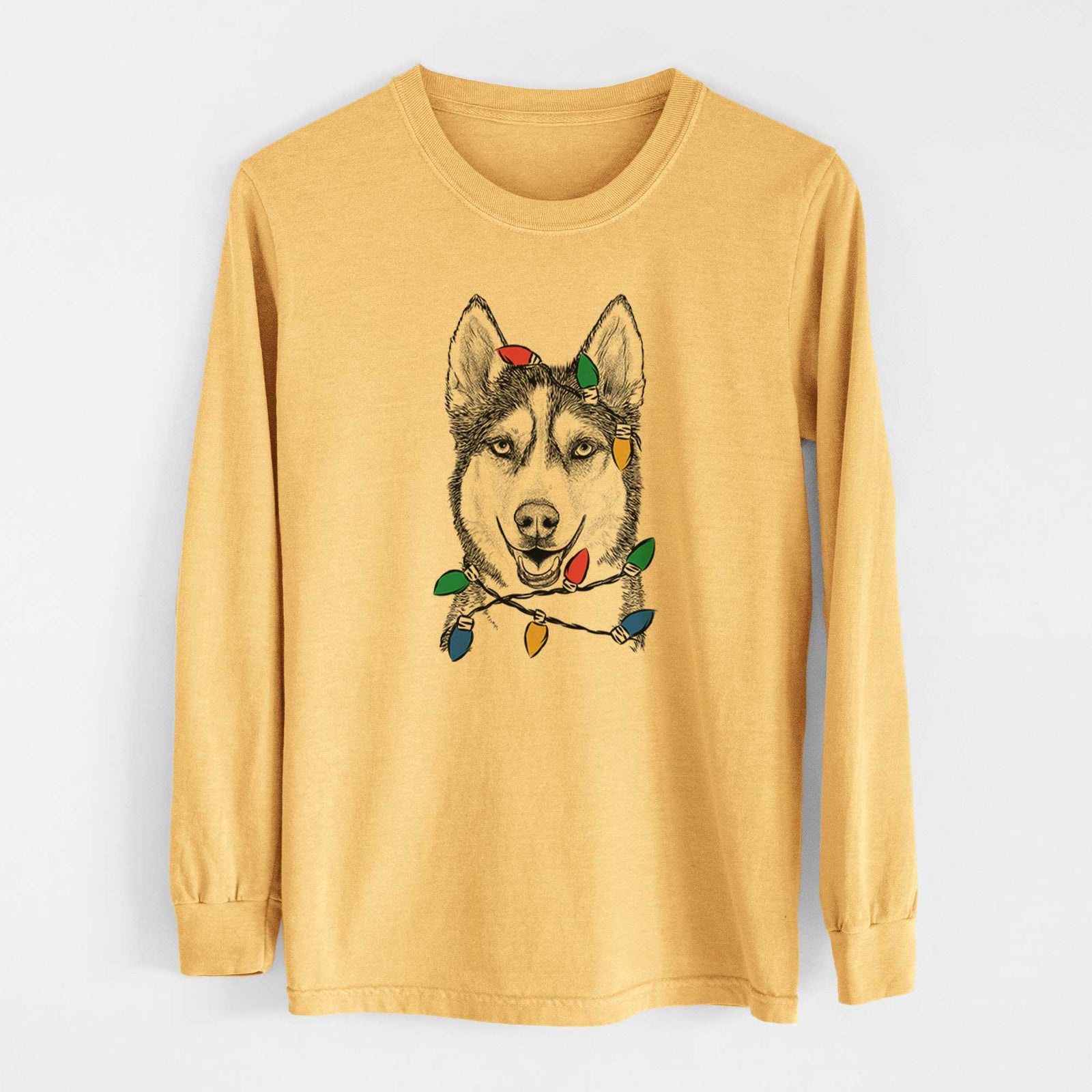 Christmas Lights Kira the Siberian Husky - Heavyweight 100% Cotton Long Sleeve