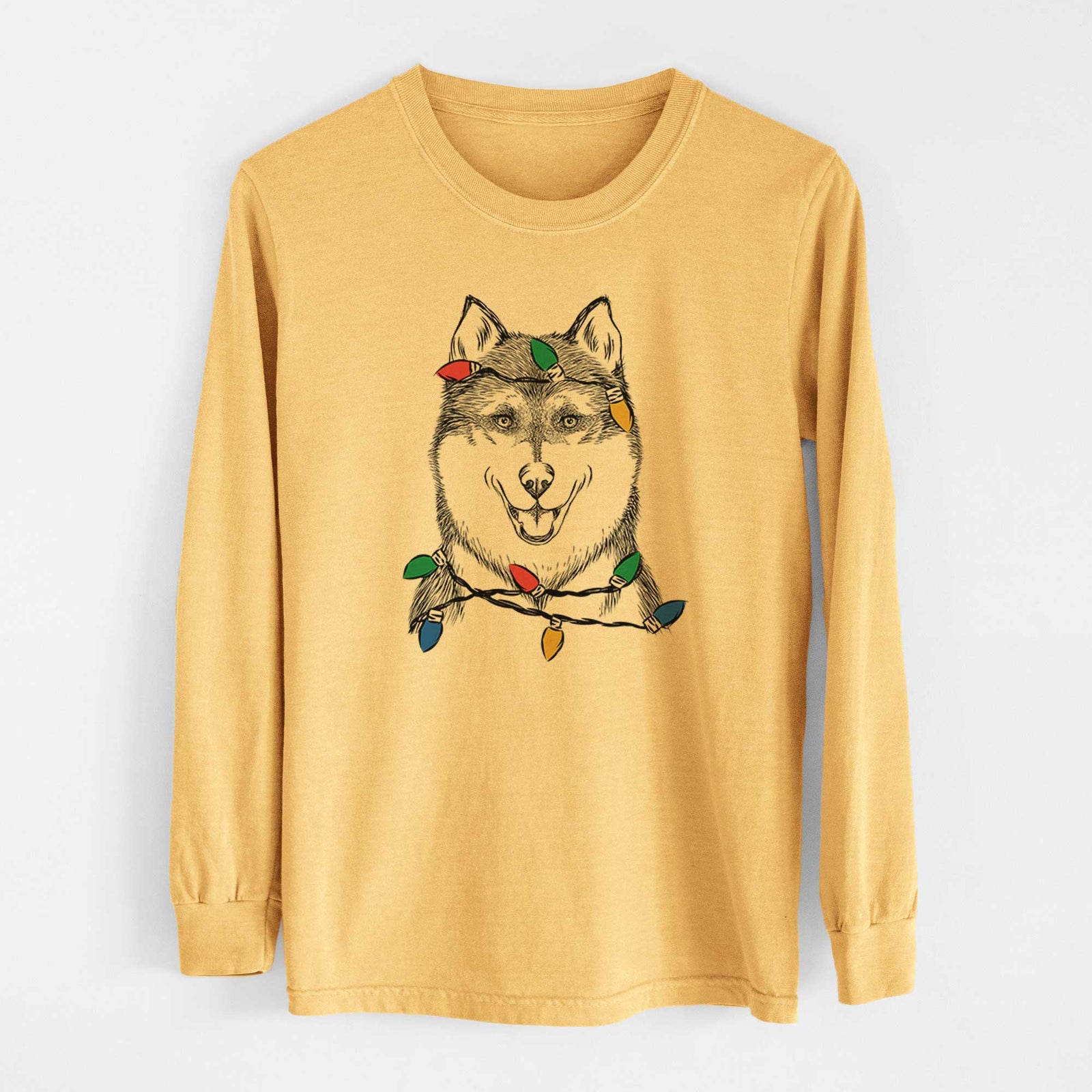 Christmas Lights Koda the Siberian Husky - Heavyweight 100% Cotton Long Sleeve