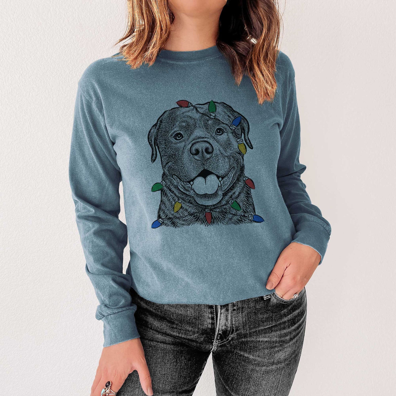 Christmas Lights Kojak the Rottweiler - Heavyweight 100% Cotton Long Sleeve