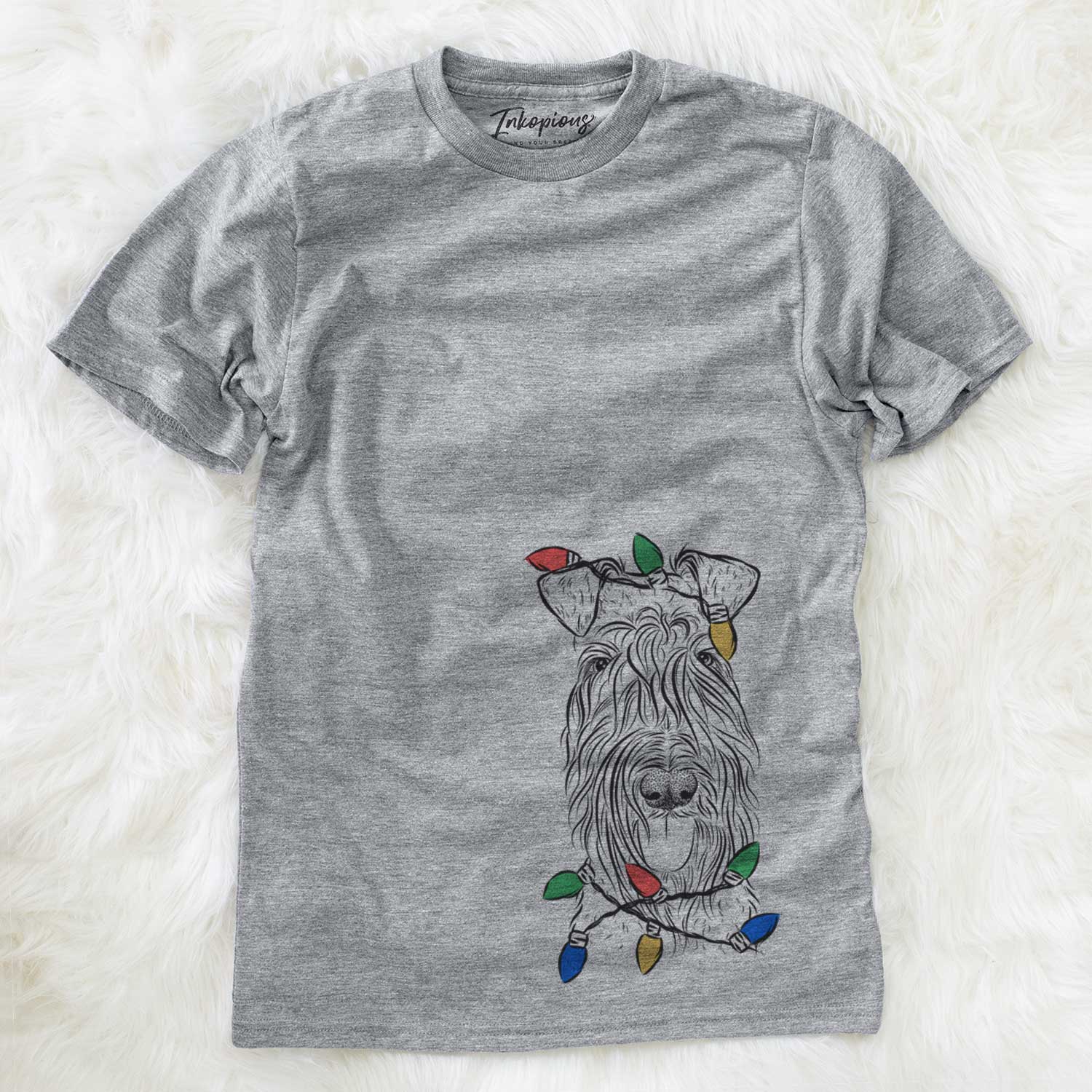 Hand-drawn sketch of Kricket the Kerry Blue Terrier wrapped in Christmas lights on a Grey Unisex crewneck