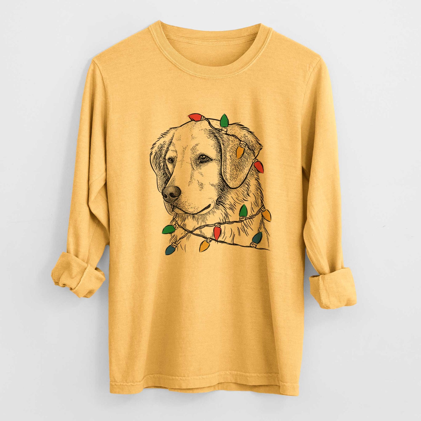 Christmas Lights Kula the Golden Retriever - Heavyweight 100% Cotton Long Sleeve