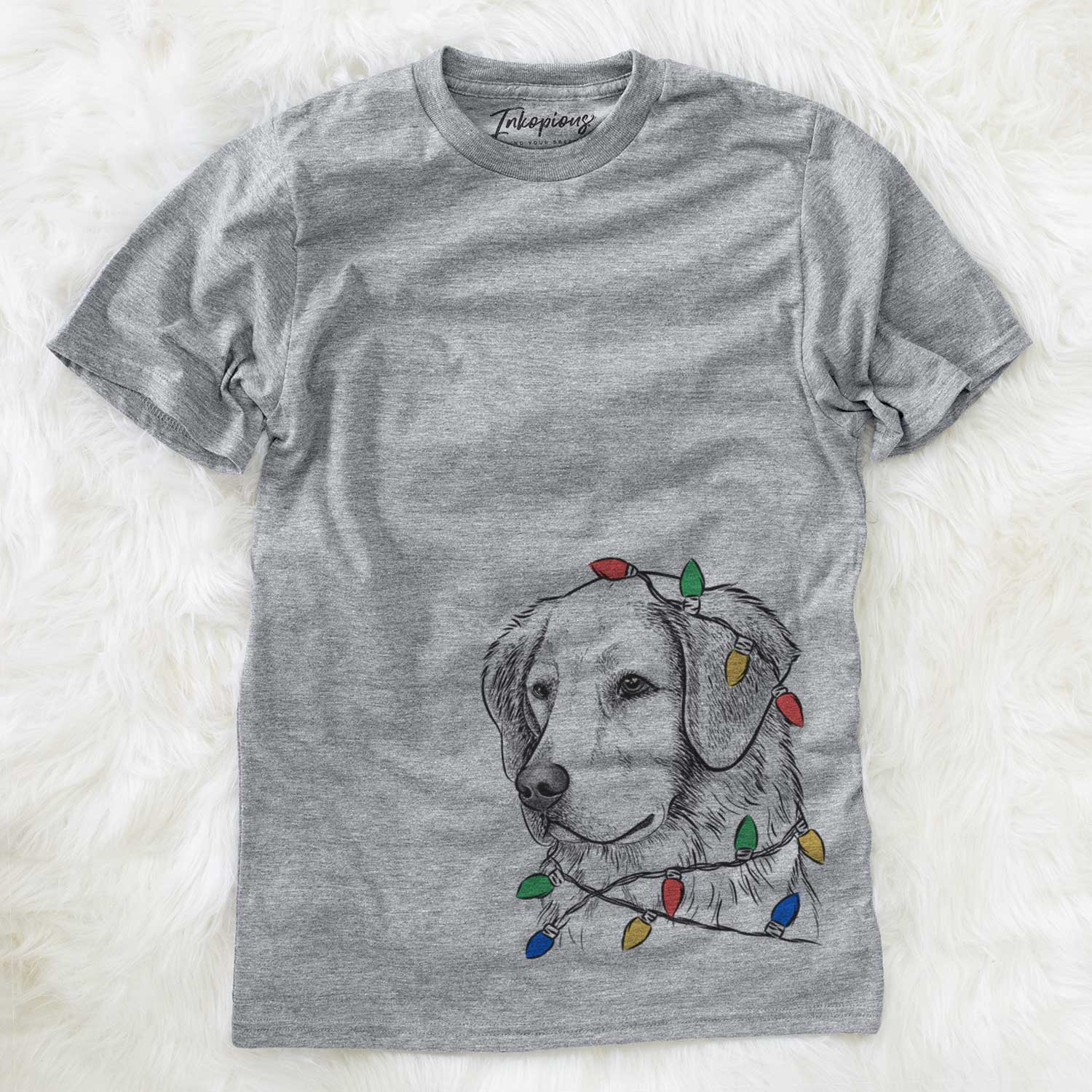 Hand-drawn sketch of Kula the Golden Retriever wrapped in Christmas lights on a Grey Unisex crewneck
