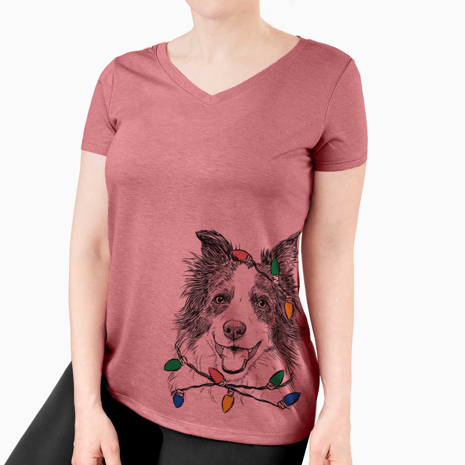 Christmas Lights Kylee the Border Collie - Women's V-neck Shirt