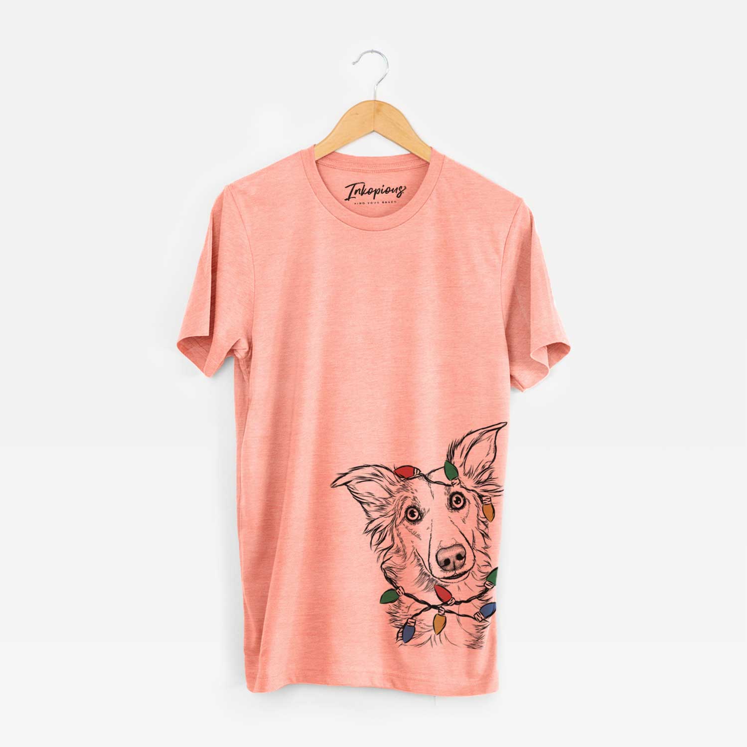 Hand-drawn sketch of Kyu the Windsprite wrapped in Christmas lights on a Sunset Unisex crewneck